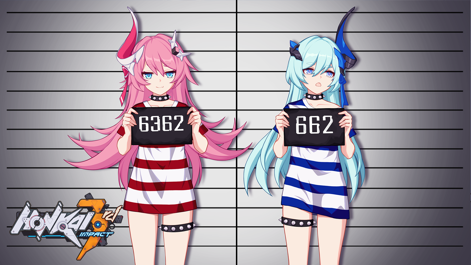 Two girls from Honkai Impact 3rd holding mugshot signs HD Wallpaper