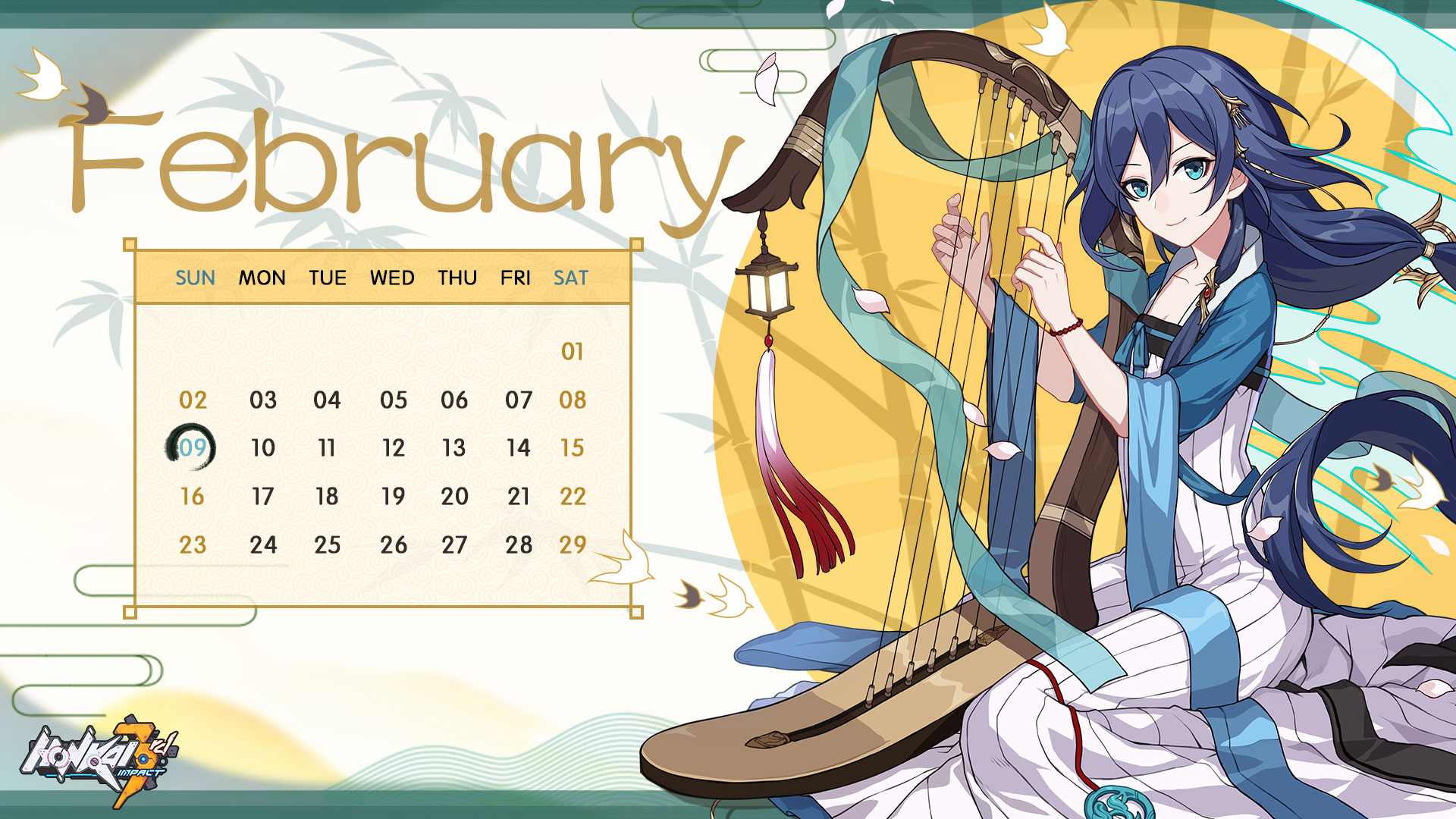 Fu Hua from Honkai Impact 3rd playing a harp HD Wallpaper