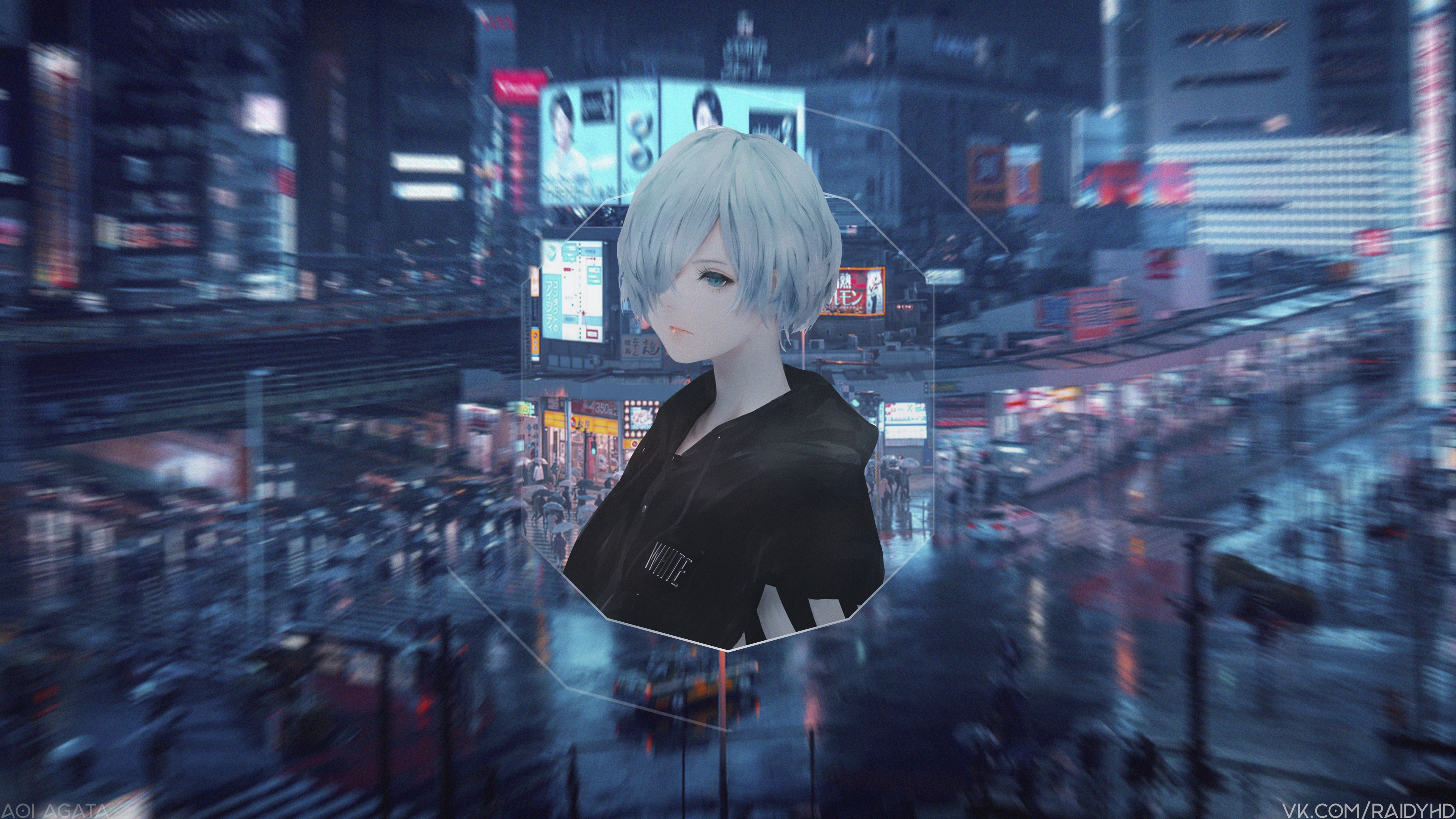 Anime girl with blue hair in a black hoodie in a neon city HD Wallpaper