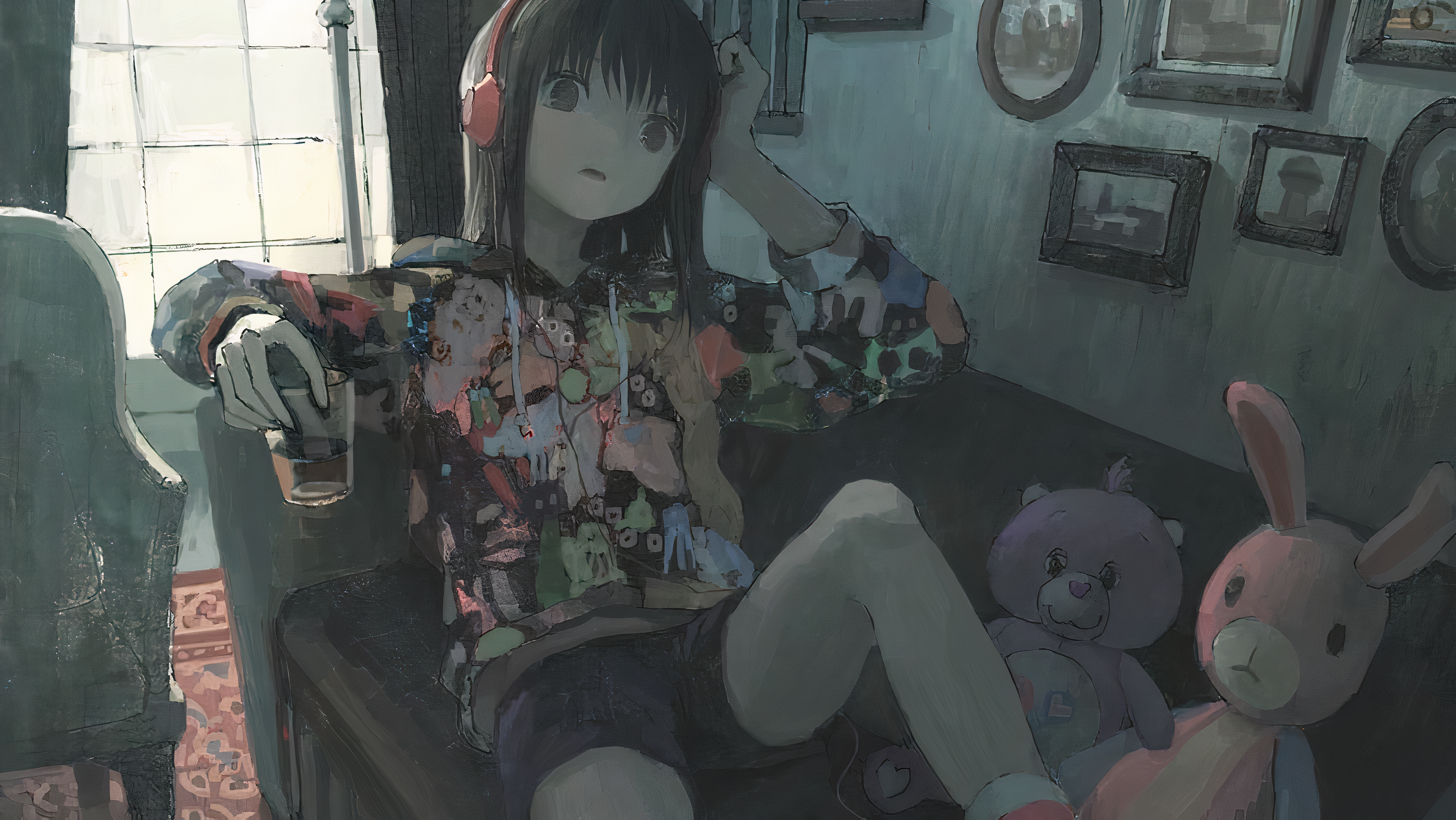 Anime girl with headphones and plush toys in a room HD Wallpaper