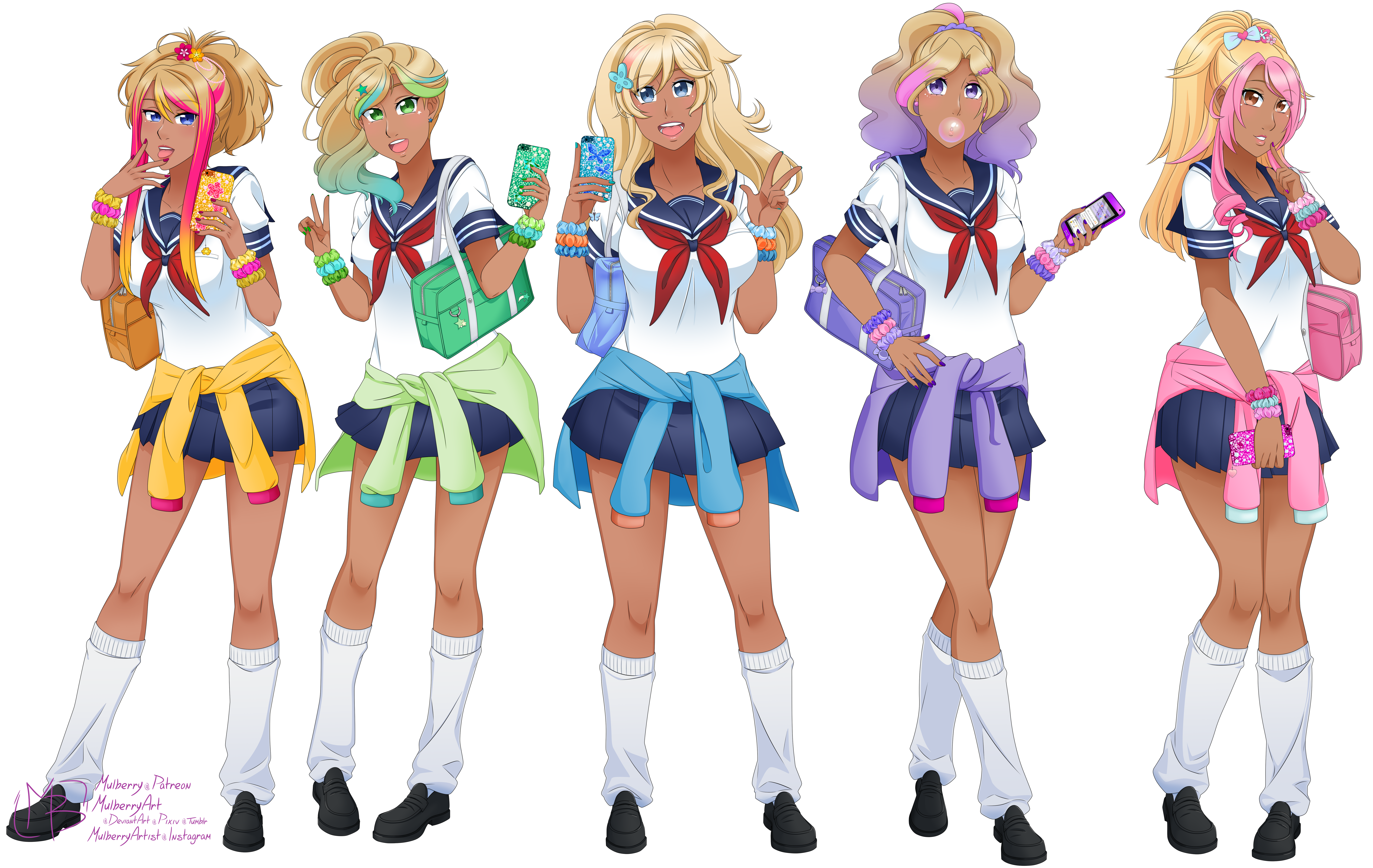 Five anime girls in school uniforms with colorful hair and accessories HD Wallpaper