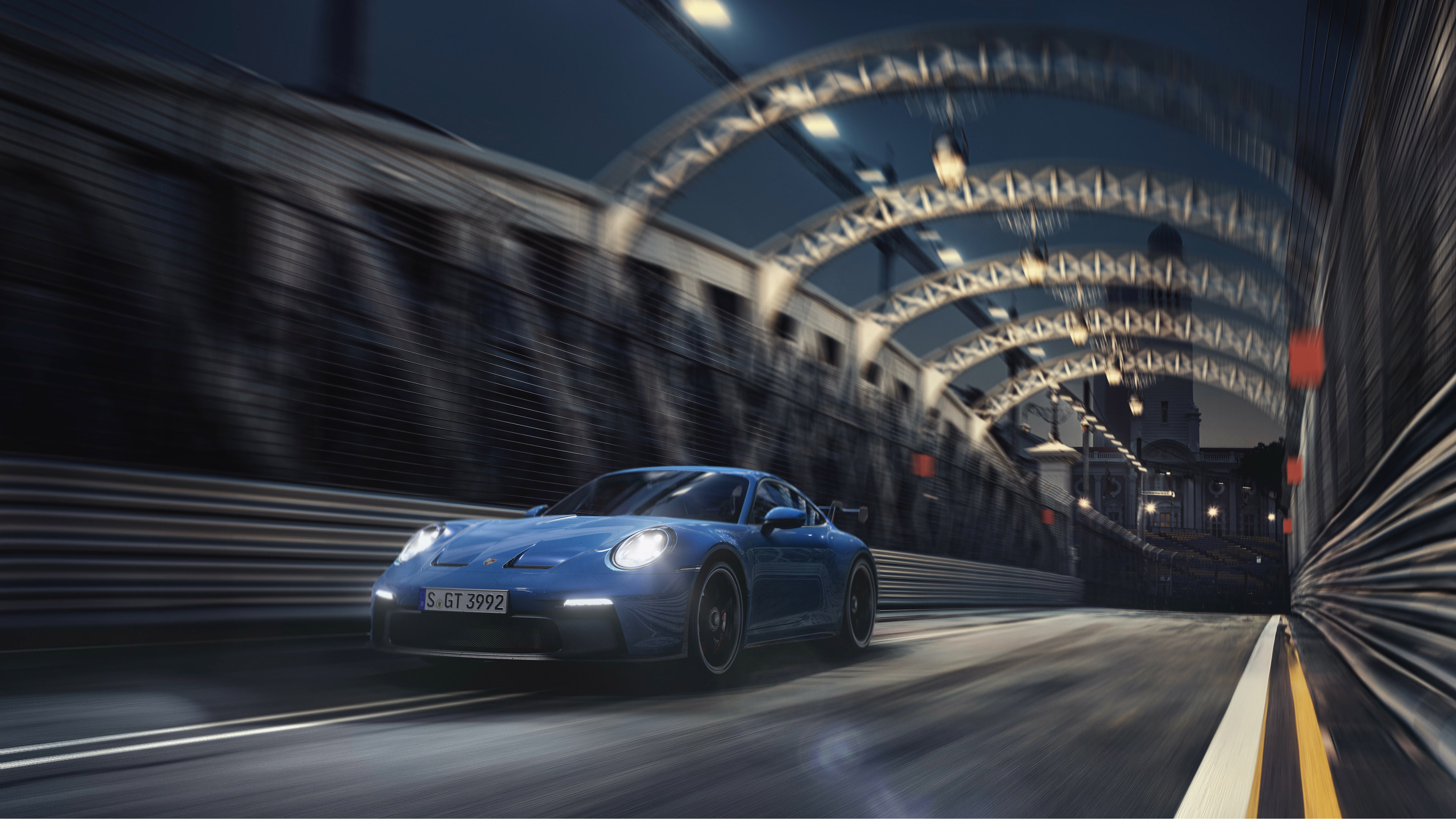 Blue Porsche 911 GT3 driving through a tunnel HD Wallpaper