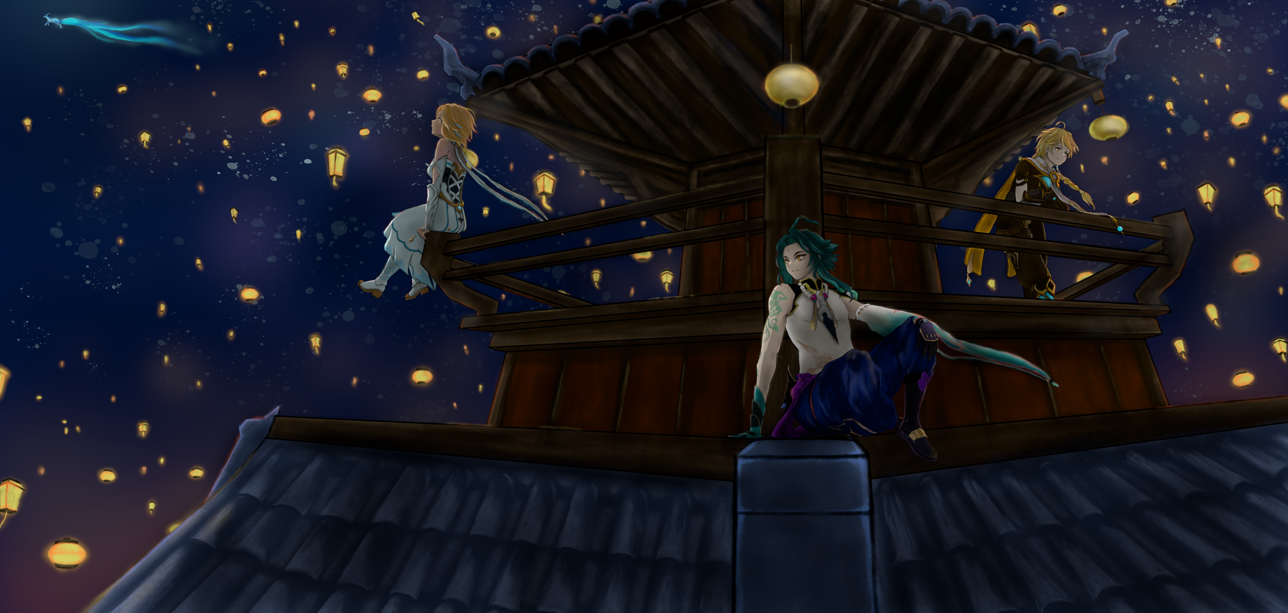 Lumine, Aether, and Xiao from Genshin Impact on a rooftop HD Wallpaper