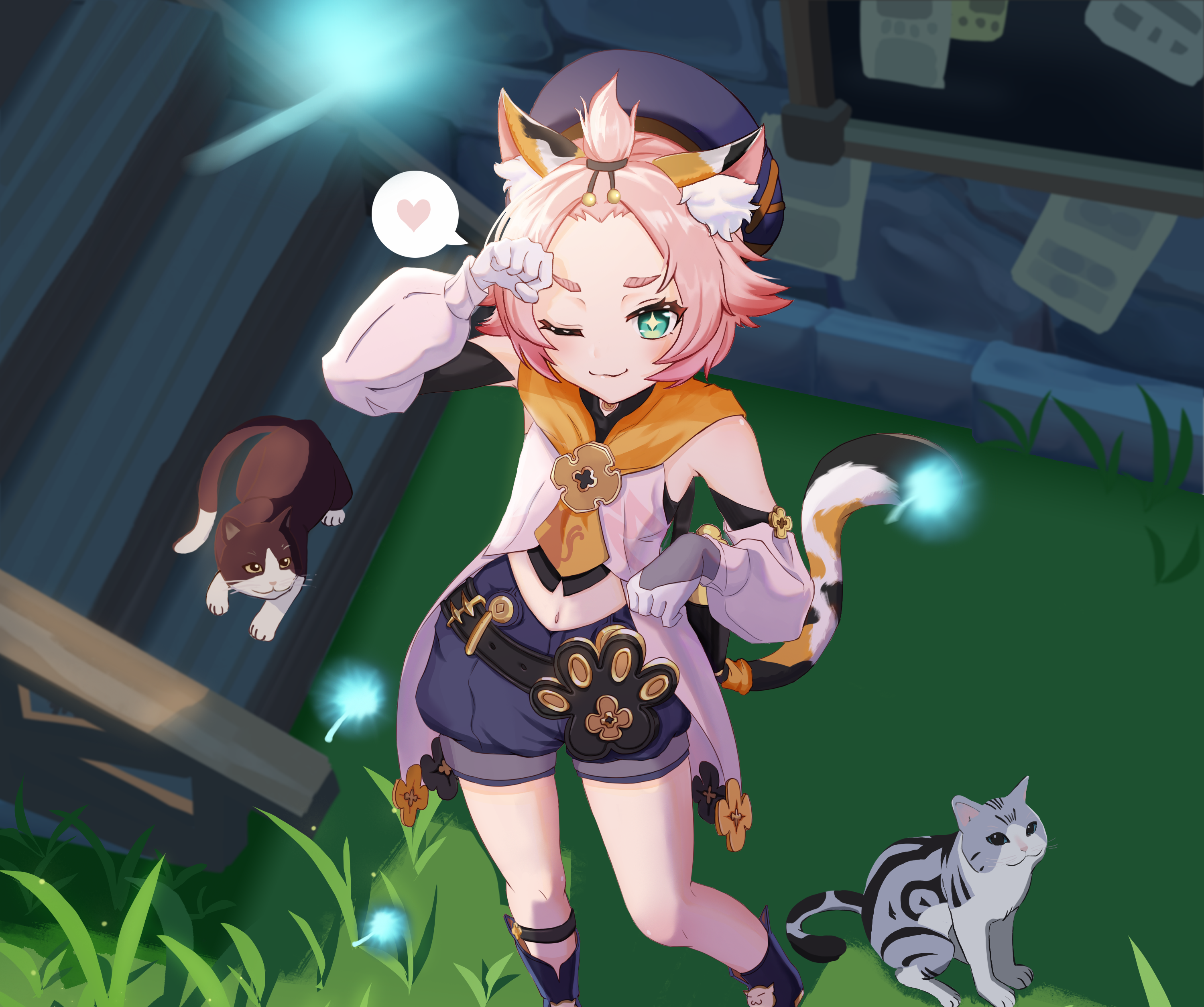 Diona from Genshin Impact with cats HD Wallpaper