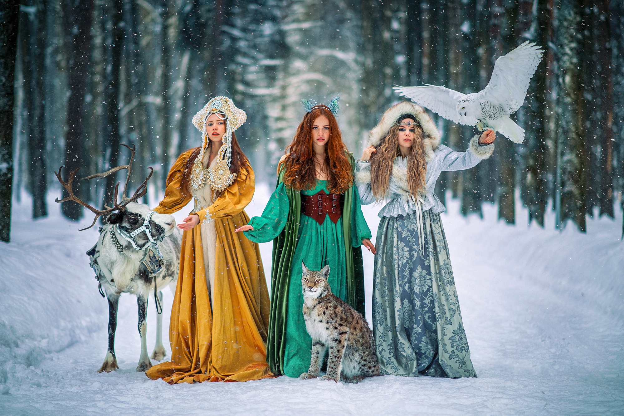 Winter Forest Scene with Reindeer and Lynx HD Wallpaper