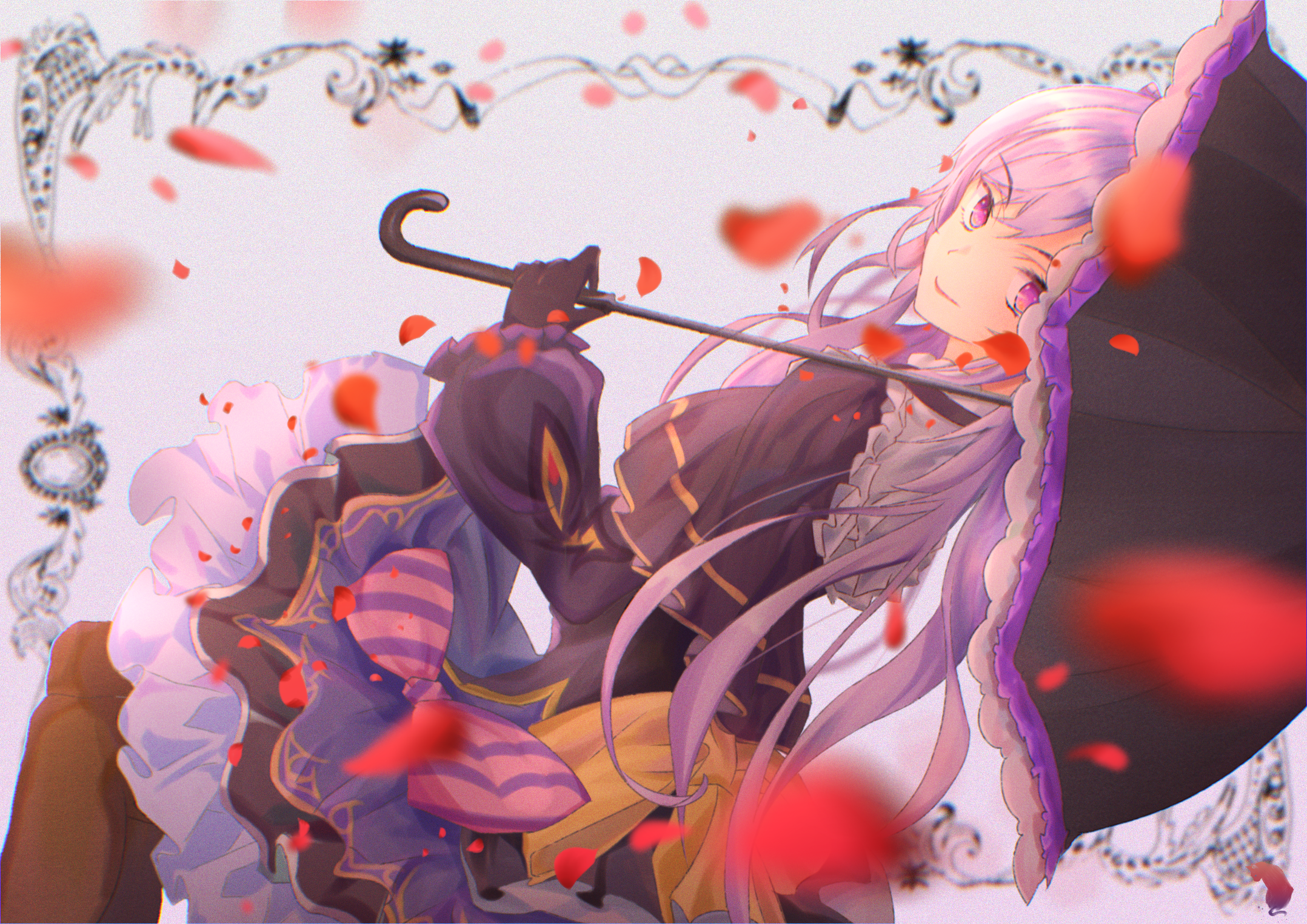 Keqing from Genshin Impact with umbrella and rose petals HD Wallpaper