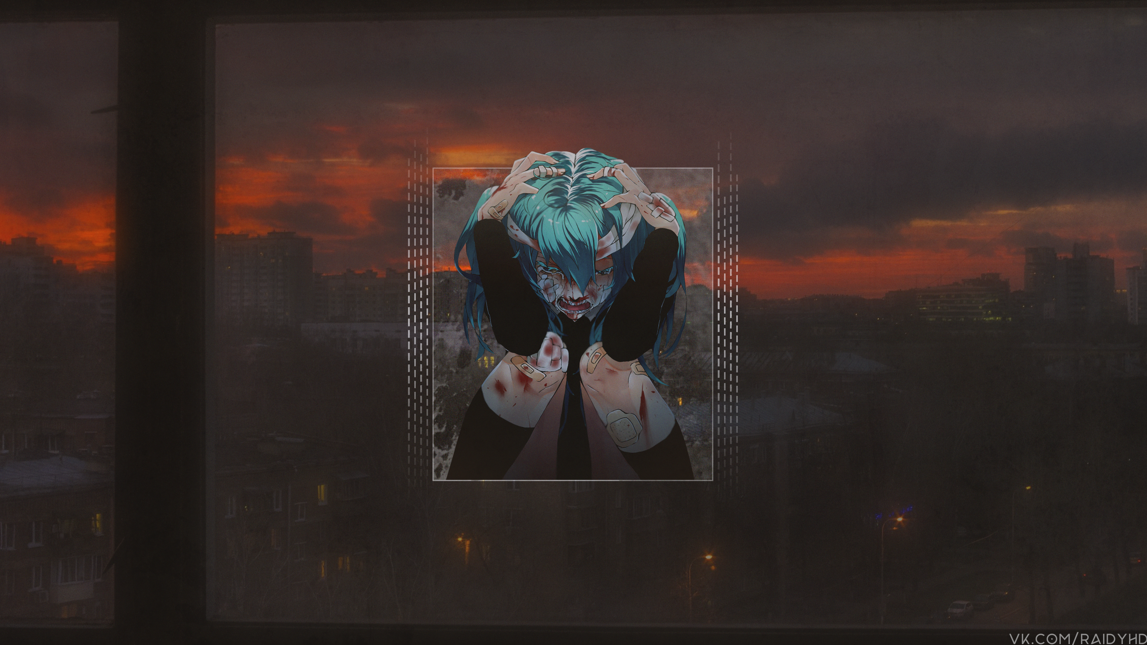 Bloody anime girl with blue hair HD Wallpaper