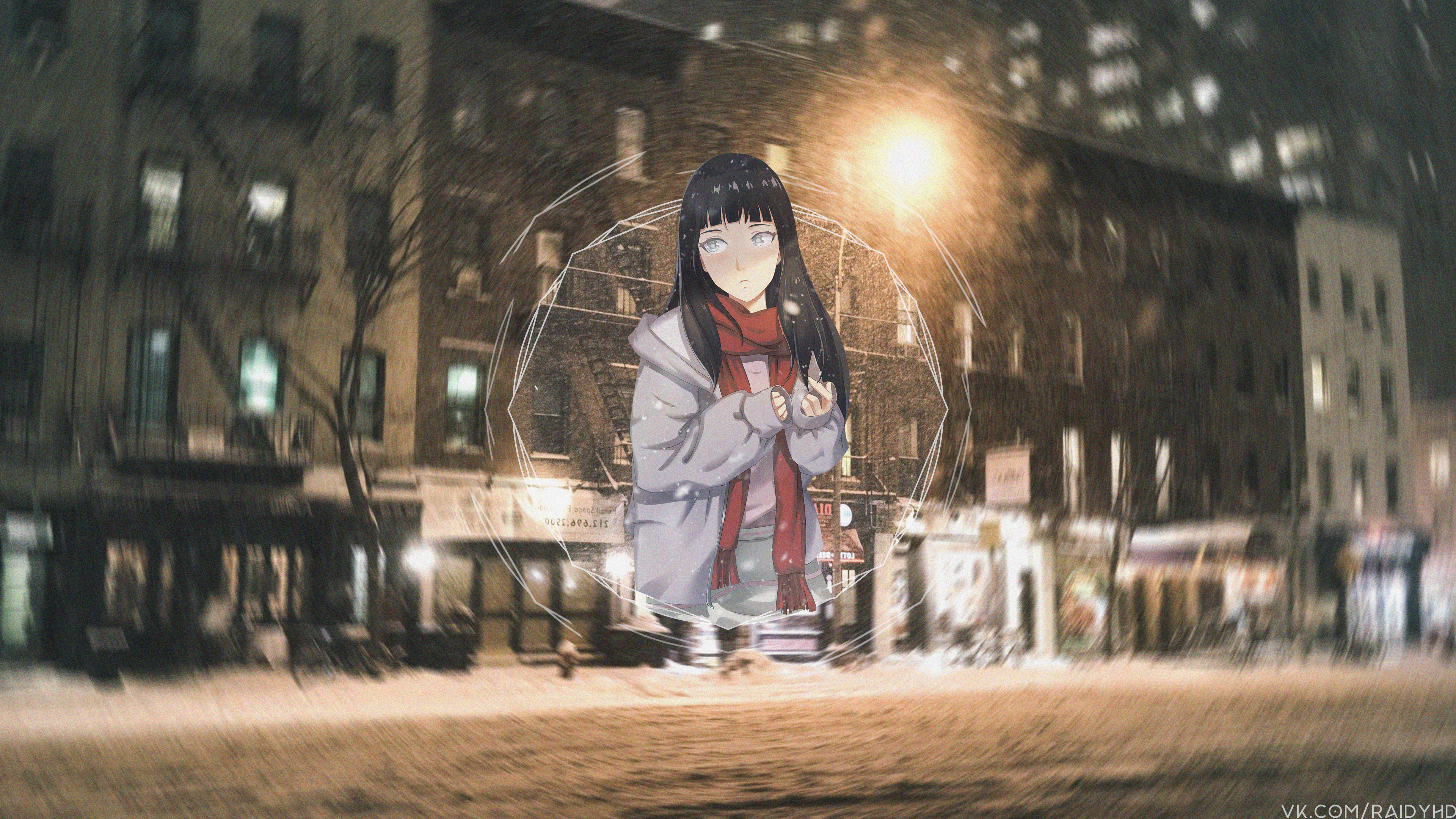 Hinata Hyuga in a snowy city street HD Wallpaper