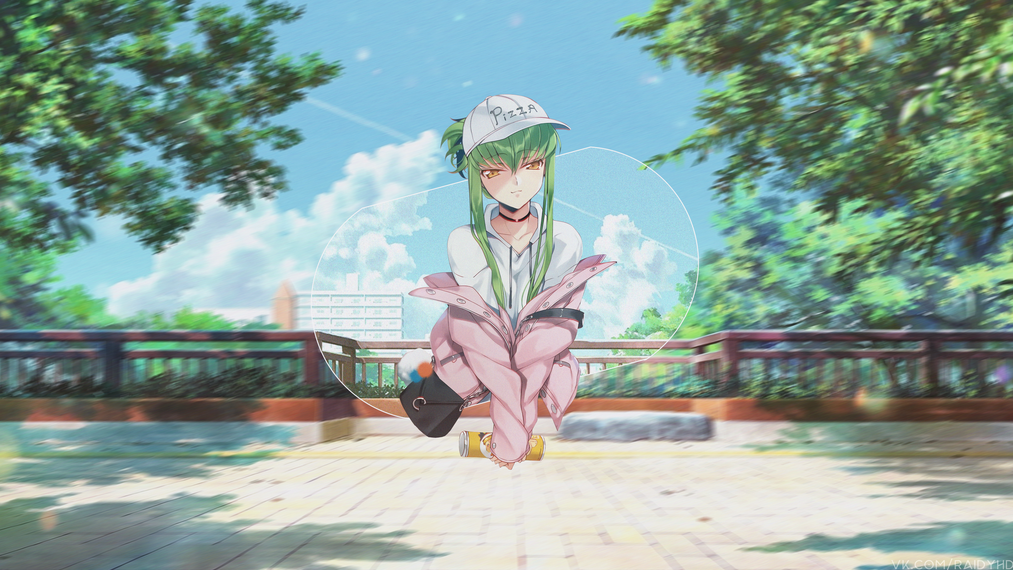 C.C. from Code Geass wearing a pink jacket and a pizza hat HD Wallpaper