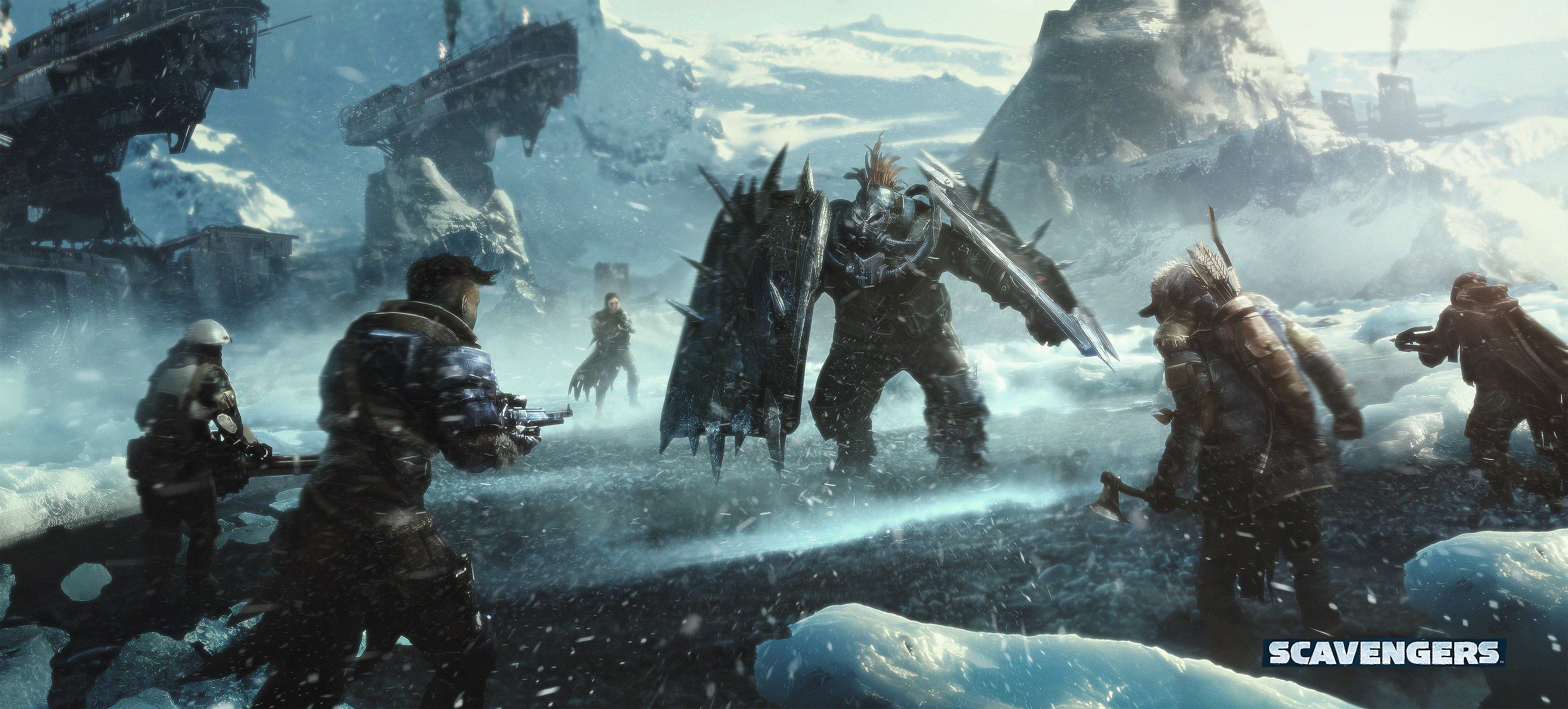 Scavengers characters fighting a large armored creature in a snowy landscape HD Wallpaper