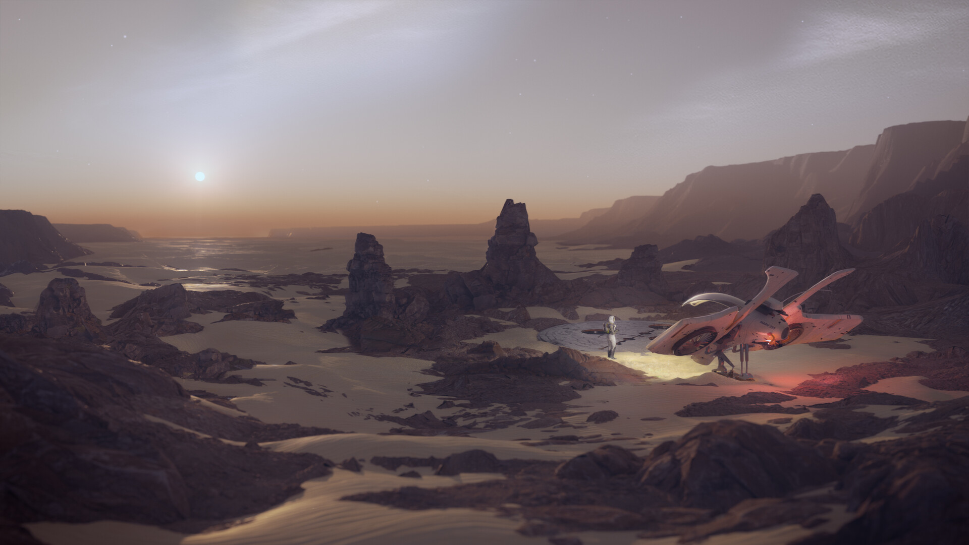 Astronauts and spaceship on a desolate alien planet HD Wallpaper