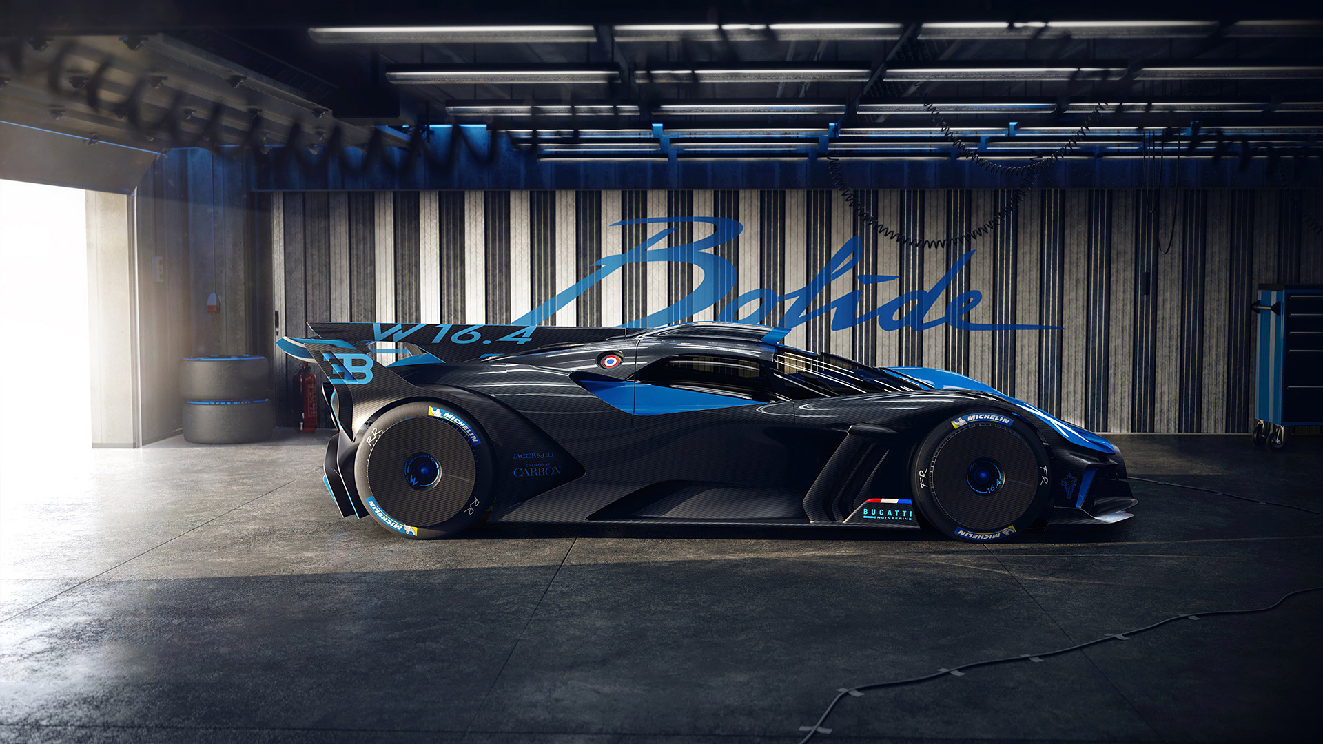 Bugatti Bolide race car in garage HD Wallpaper