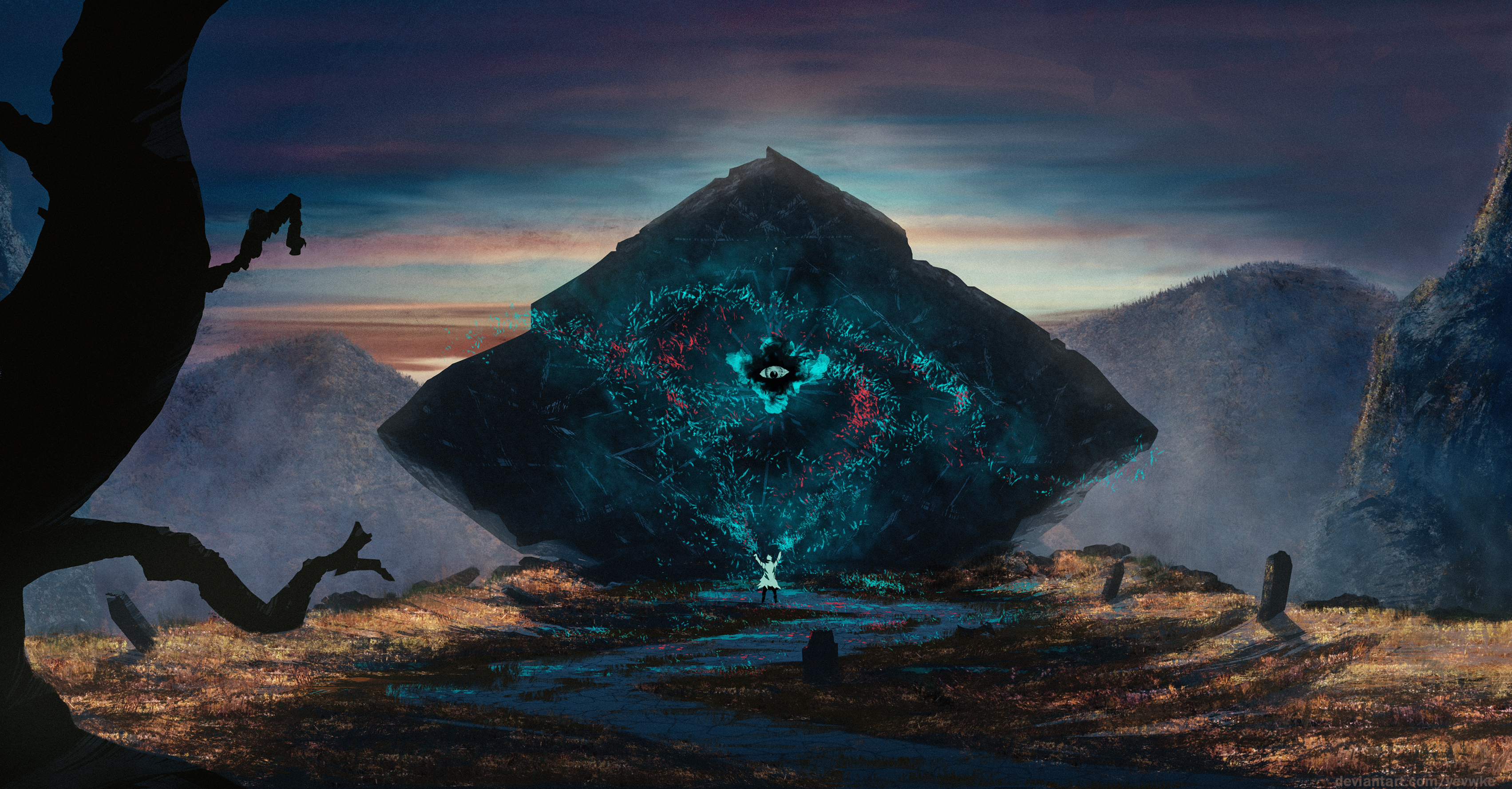 Girl facing a glowing alien monolith in a mountain landscape HD Wallpaper