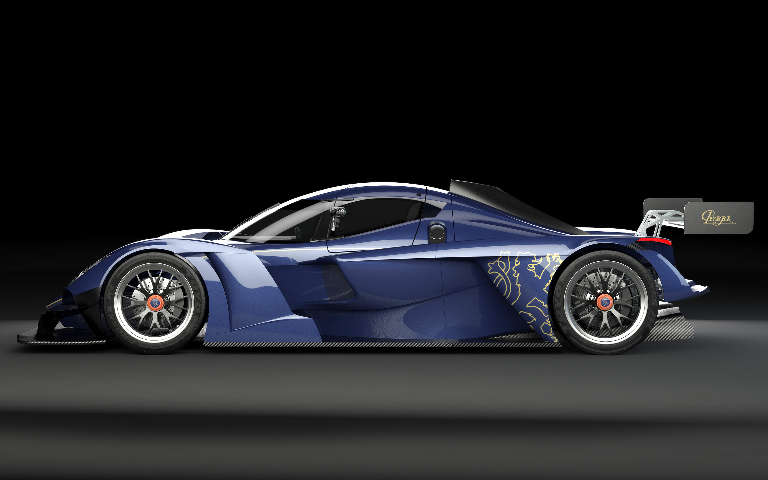 Blue Praga R1 race car with gold accents HD Wallpaper