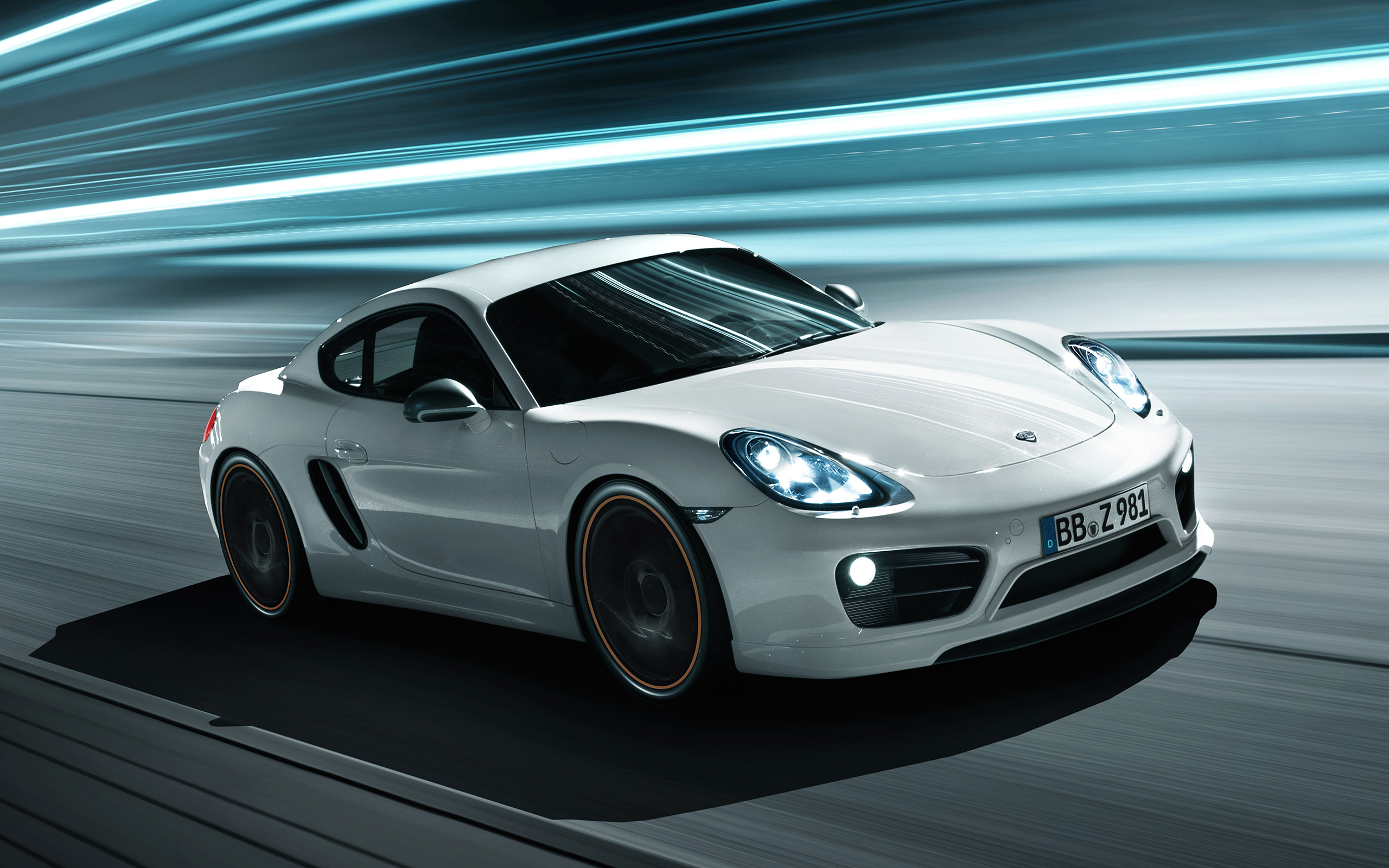 White Porsche Cayman driving through a light tunnel HD Wallpaper