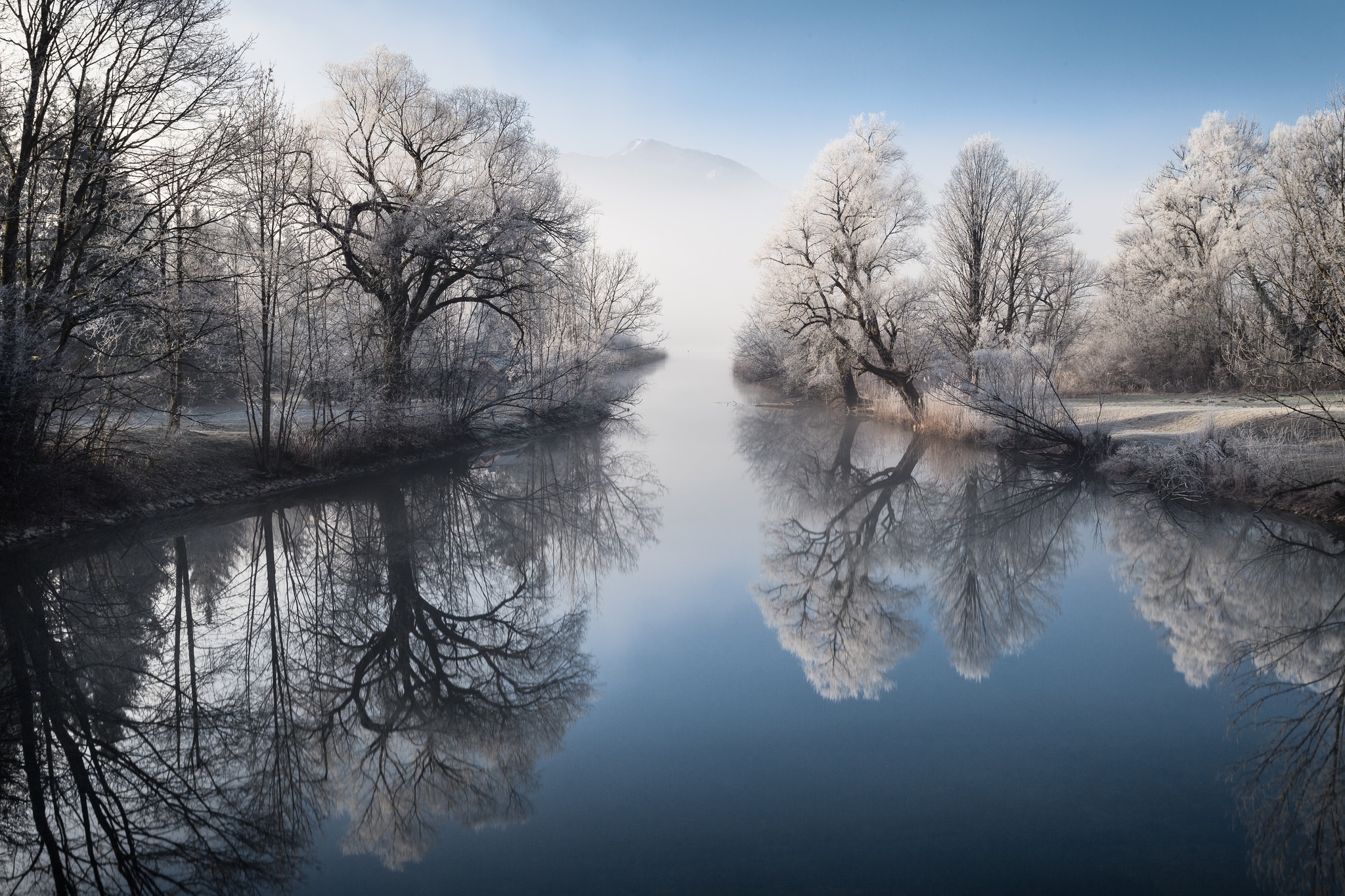 Winter river with frosted trees and reflections HD Wallpaper
