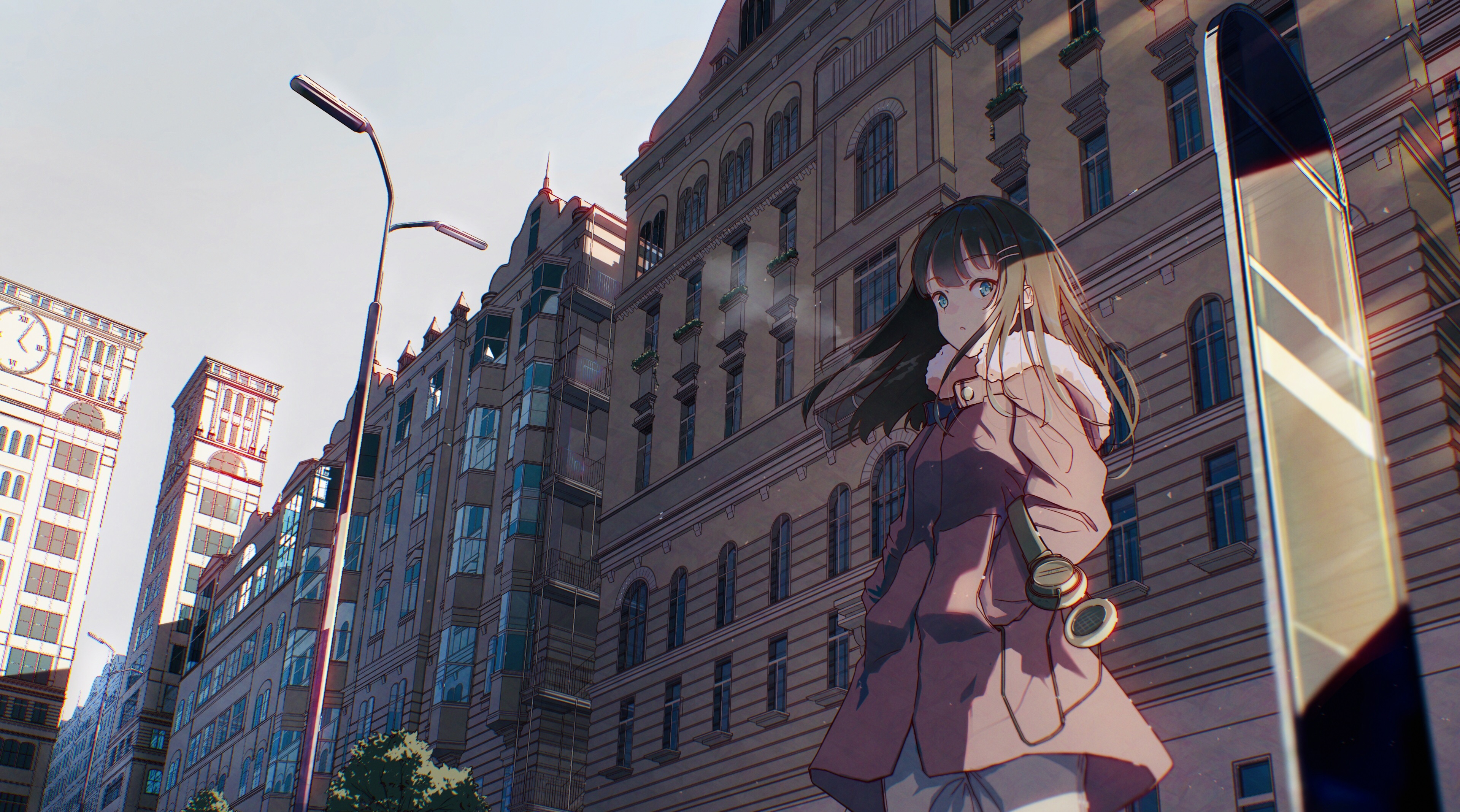 Girl with headphones in a city street HD Wallpaper