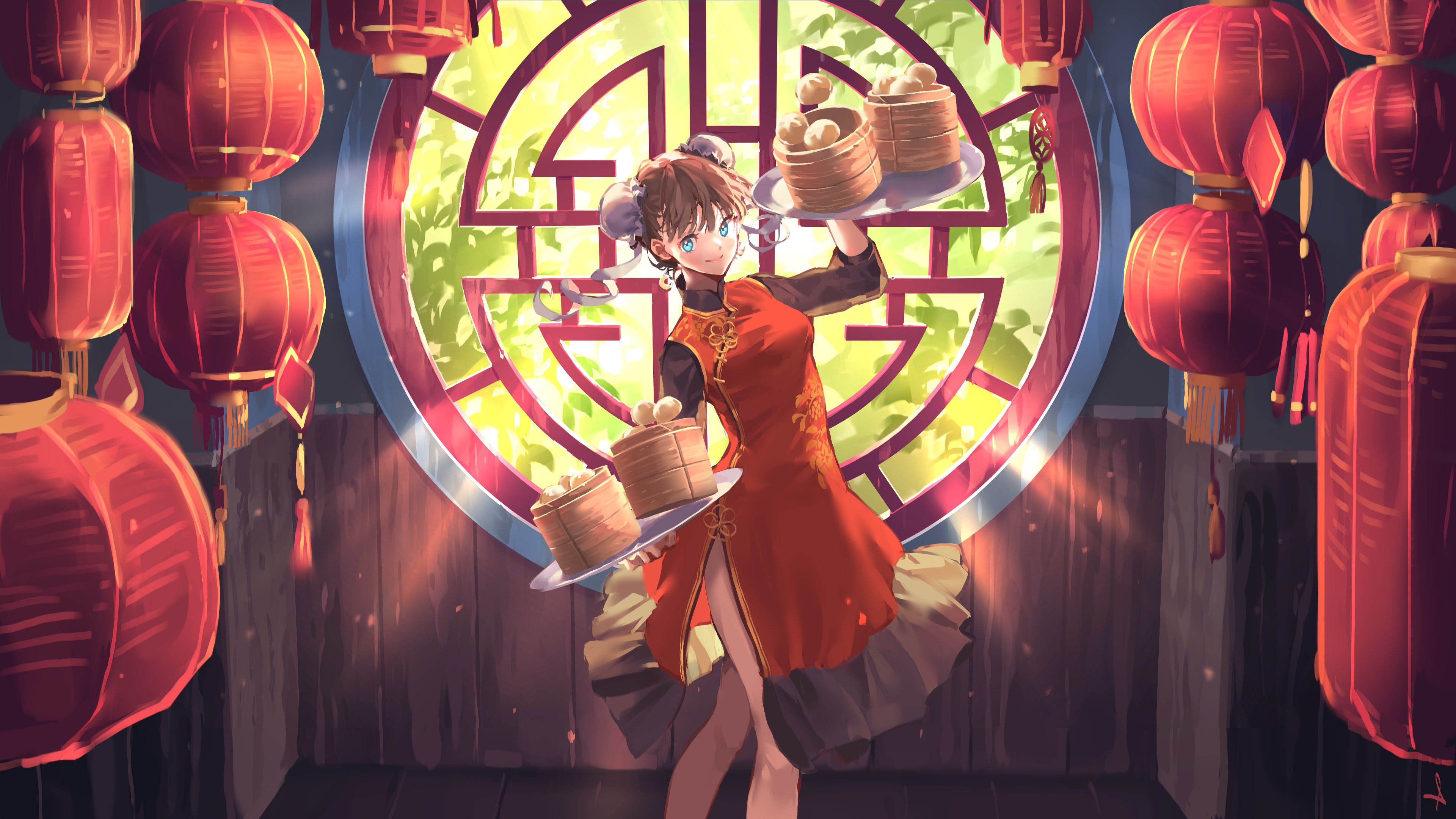 Girl with dumplings and lanterns 4K HD Wallpaper