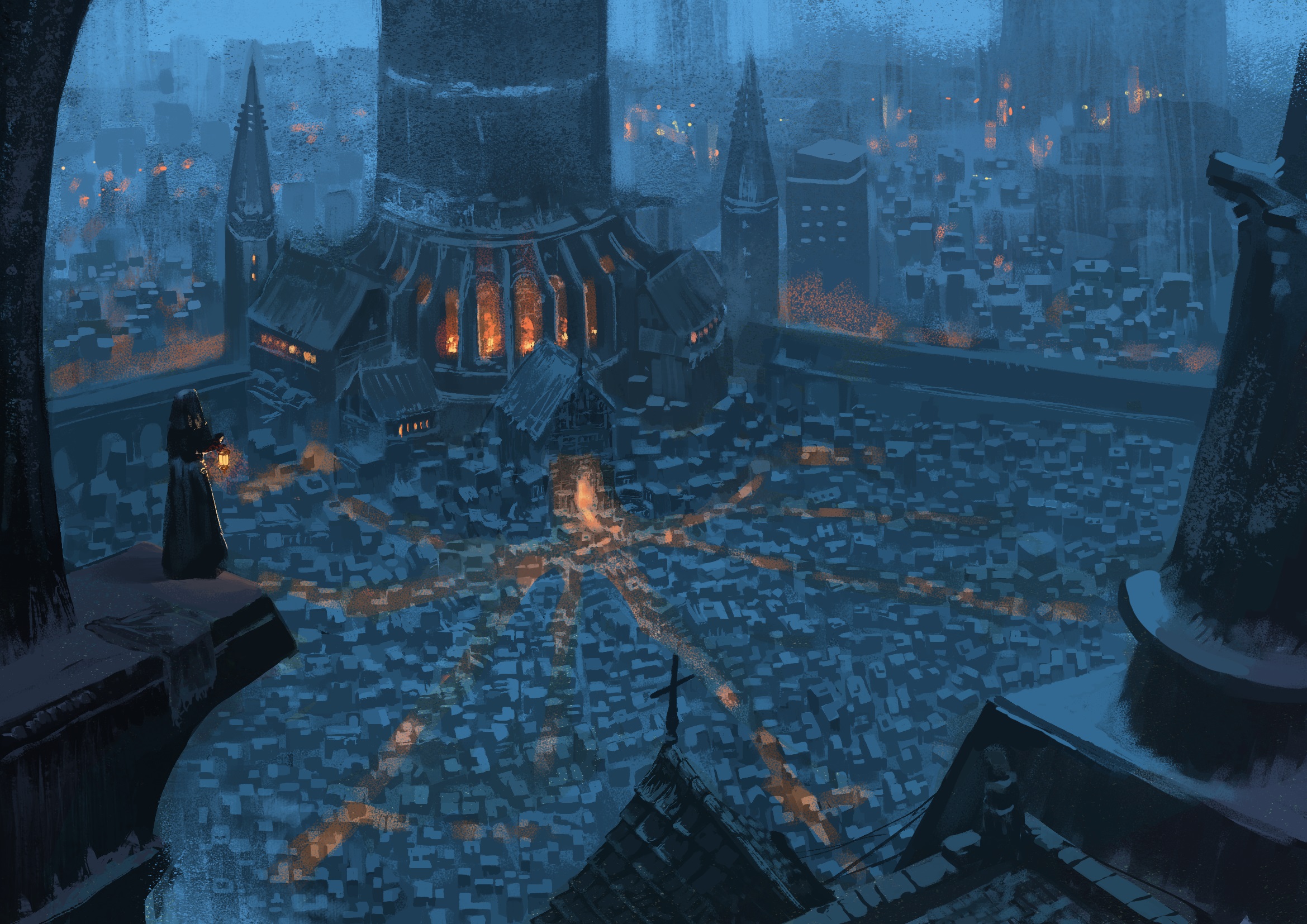 A lone figure with a lantern overlooks a dark, sprawling city at night. HD Wallpaper