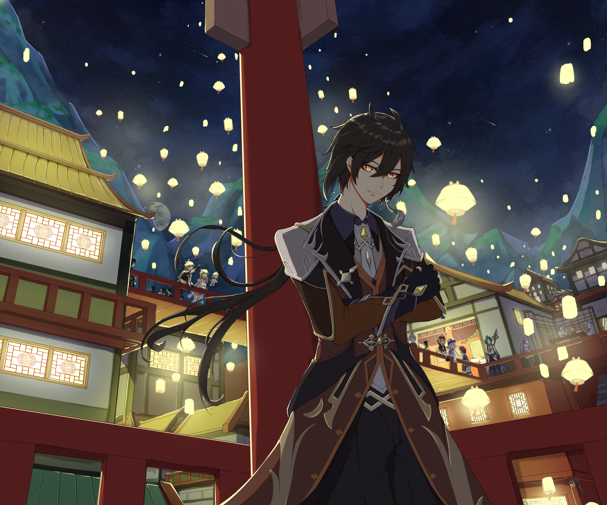 Zhongli from Genshin Impact at a Lantern Festival HD Wallpaper