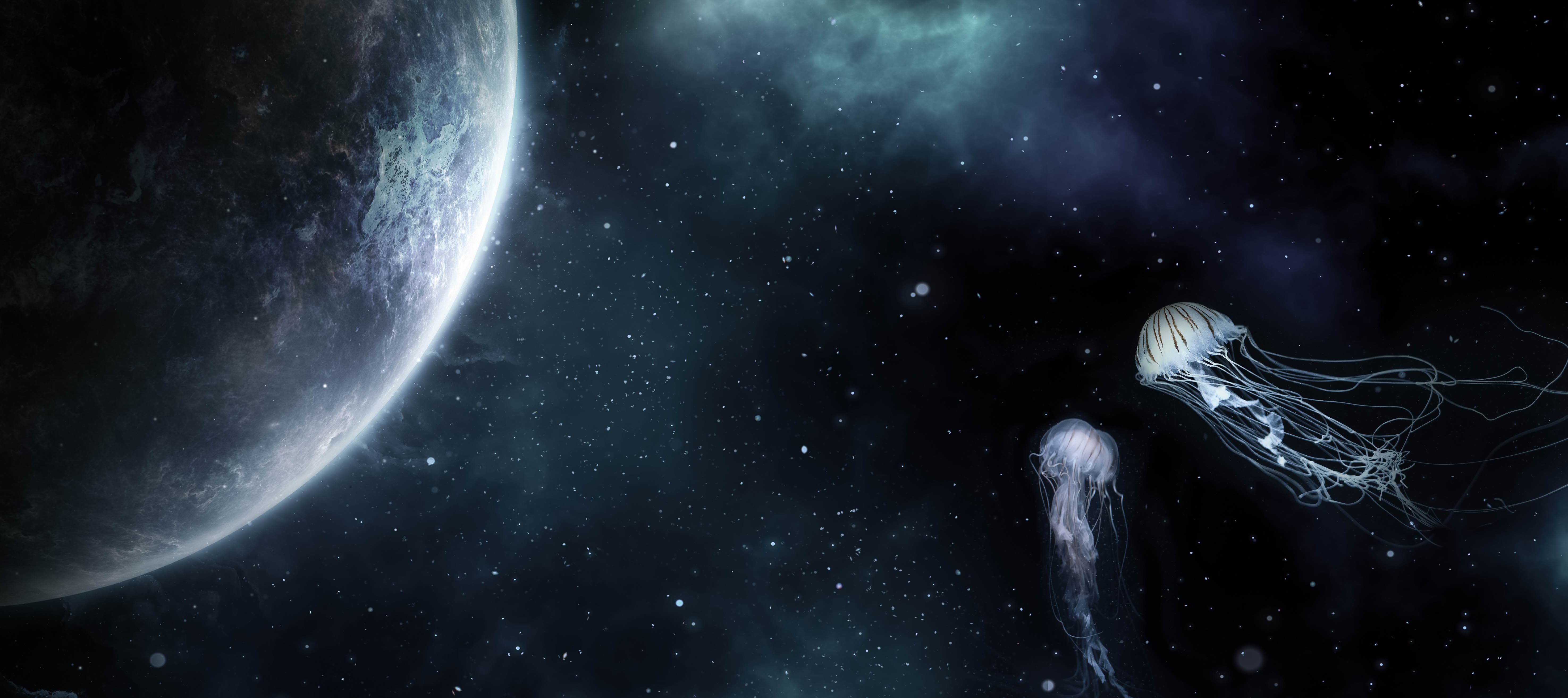 Jellyfish and planet in space HD Wallpaper