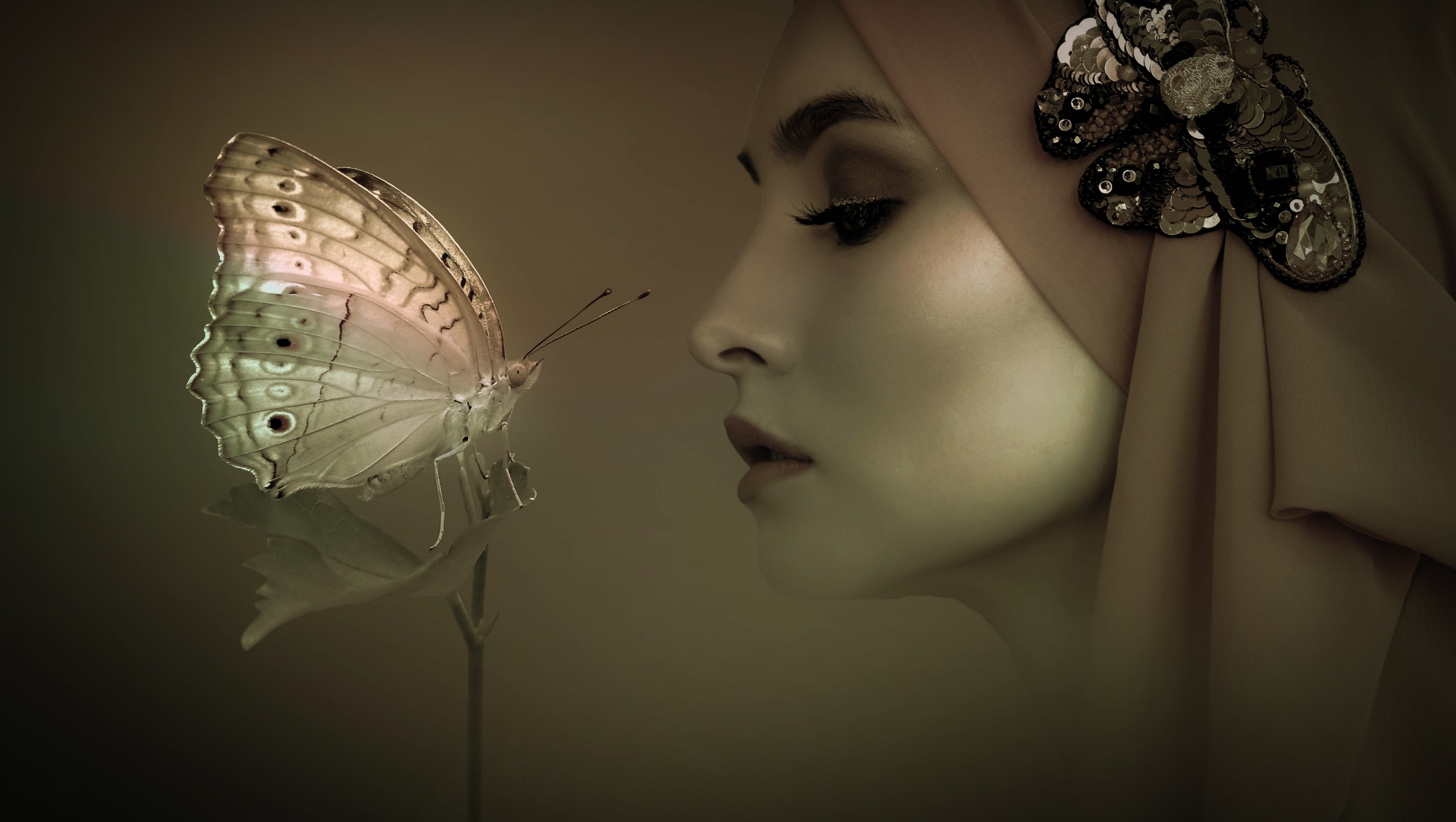 Woman in headscarf with butterfly brooch and butterfly HD Wallpaper