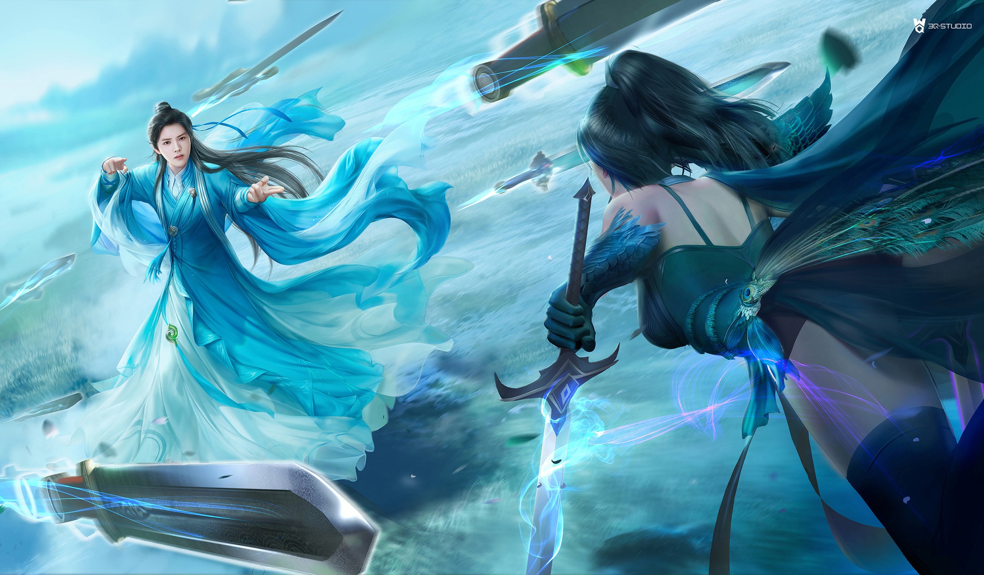 Two fantasy women warriors fighting with swords HD Wallpaper