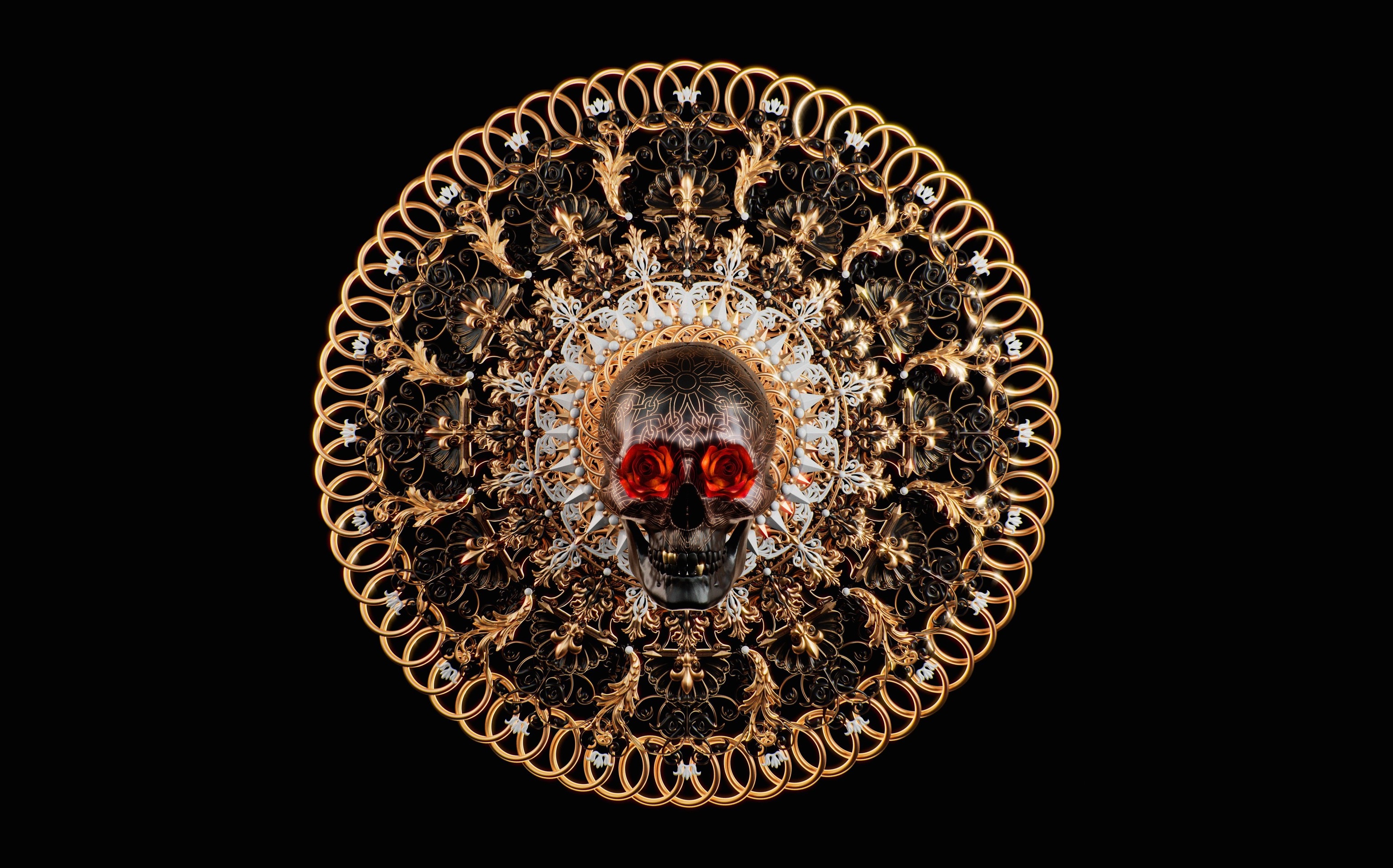Ornate Skull with Red Eyes Mandala HD Wallpaper