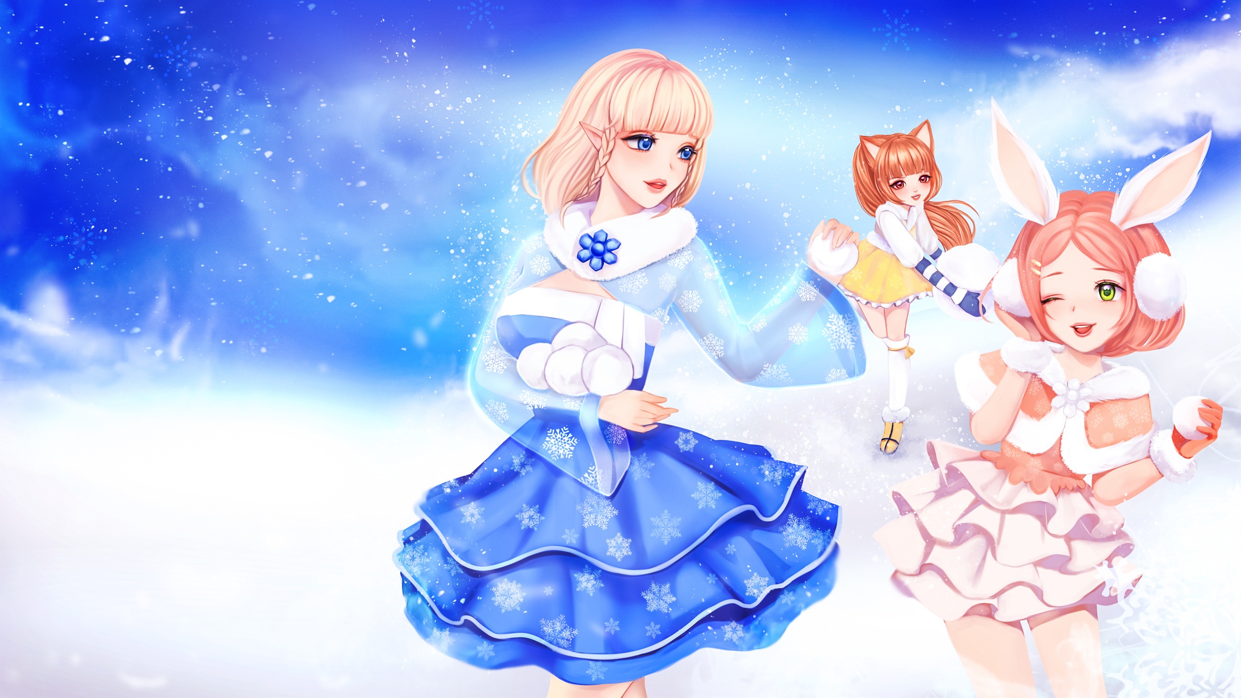 Three anime girls in winter outfits with snow HD Wallpaper