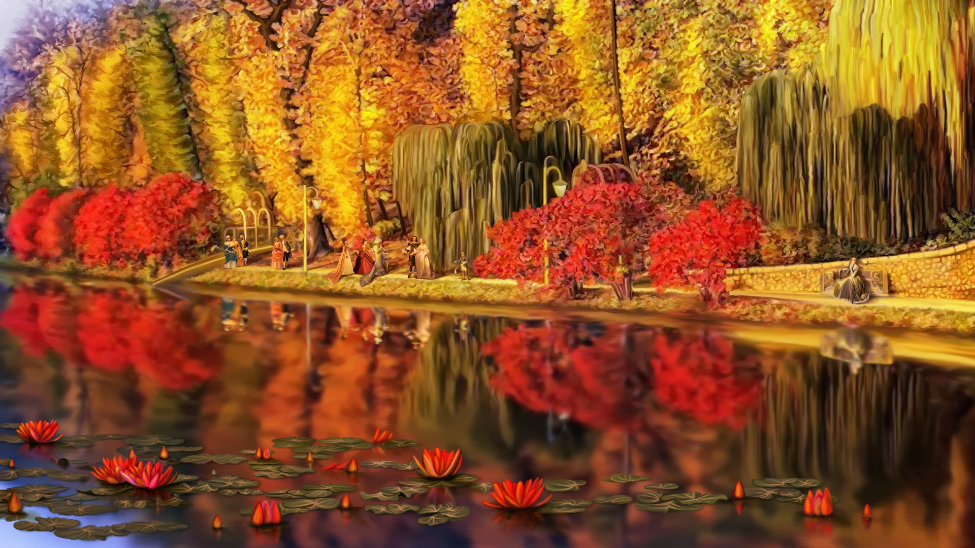 Autumnal landscape with a pond and lily pads HD Wallpaper