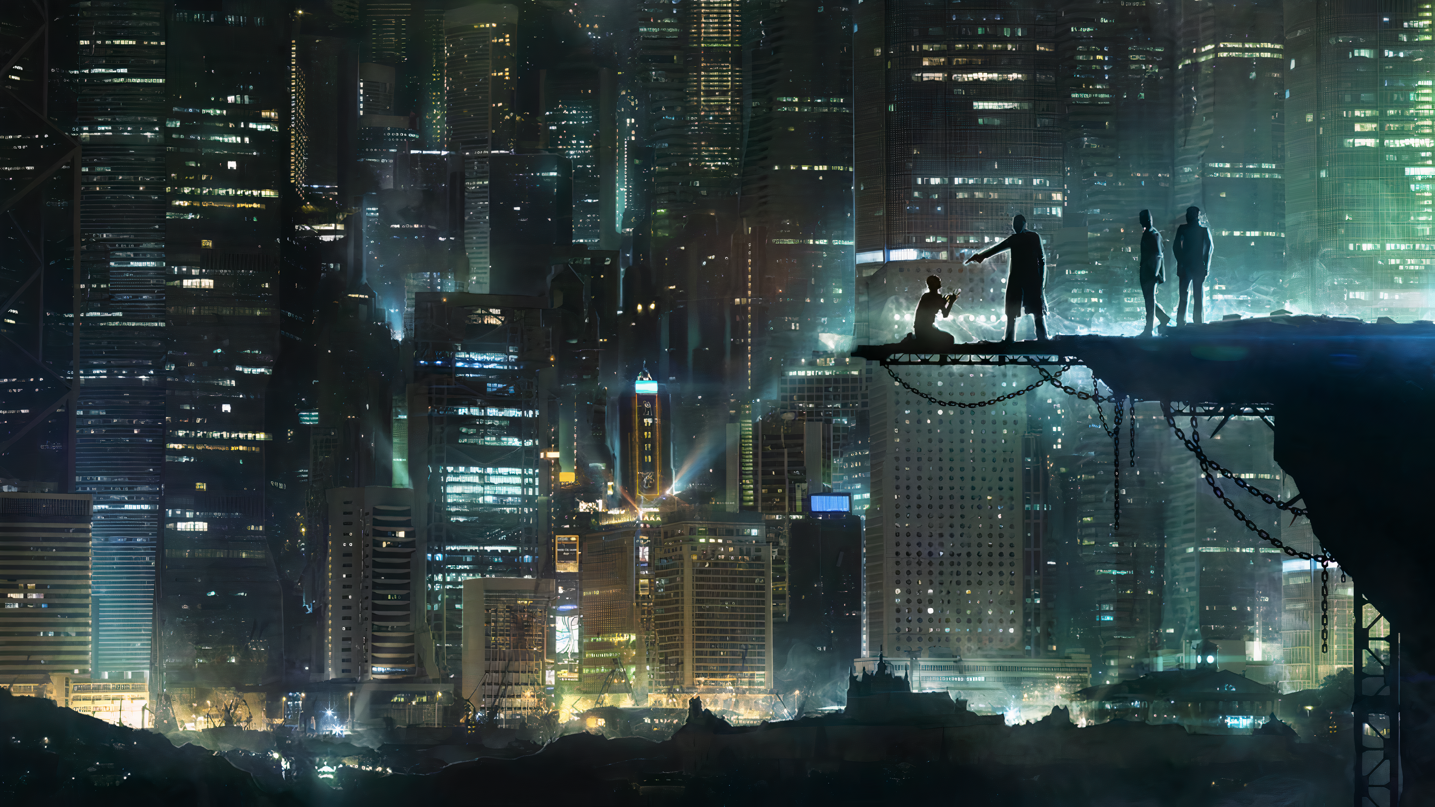 People on a platform overlooking a futuristic city at night HD Wallpaper