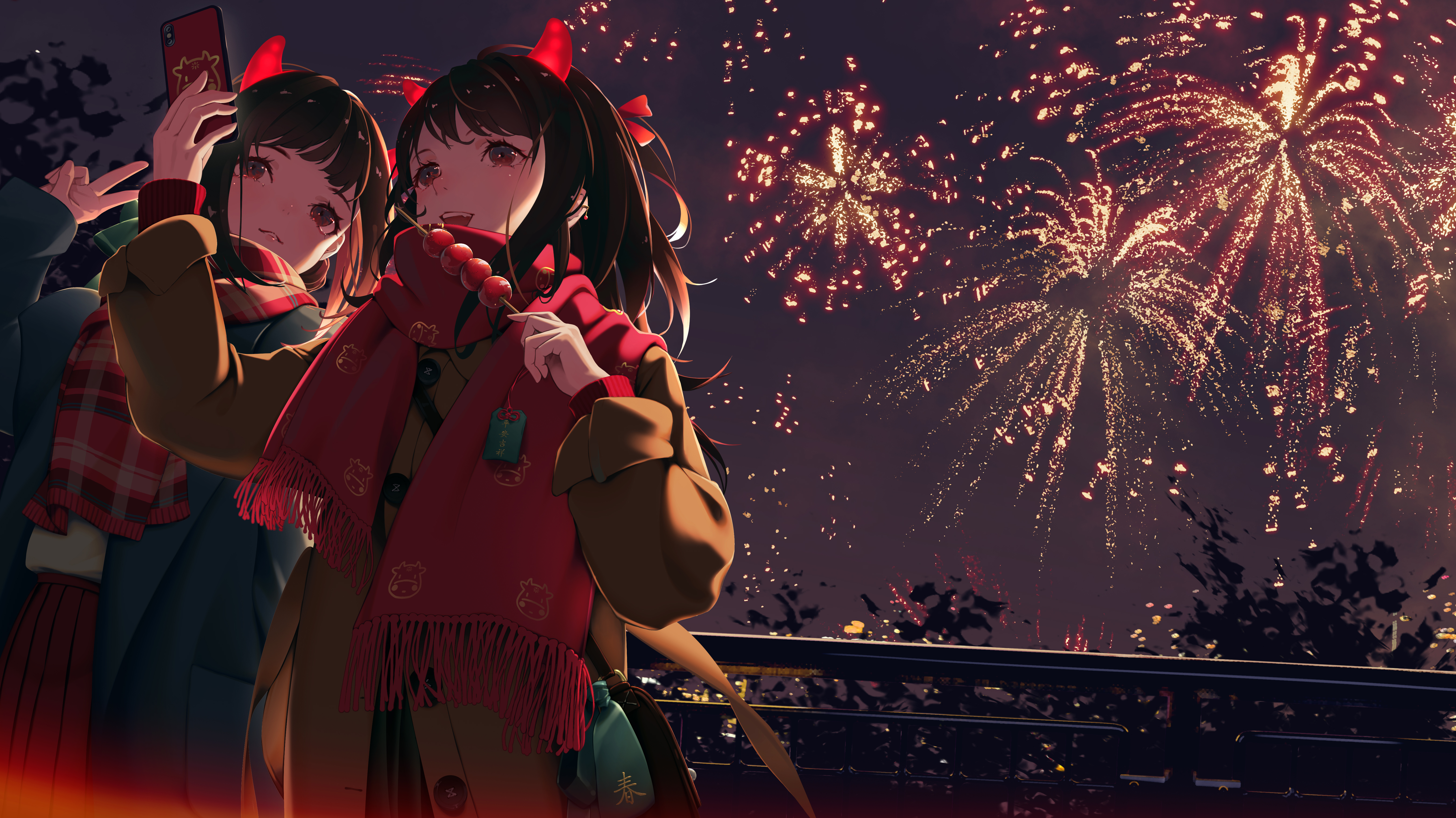 Two girls taking a selfie with fireworks HD Wallpaper