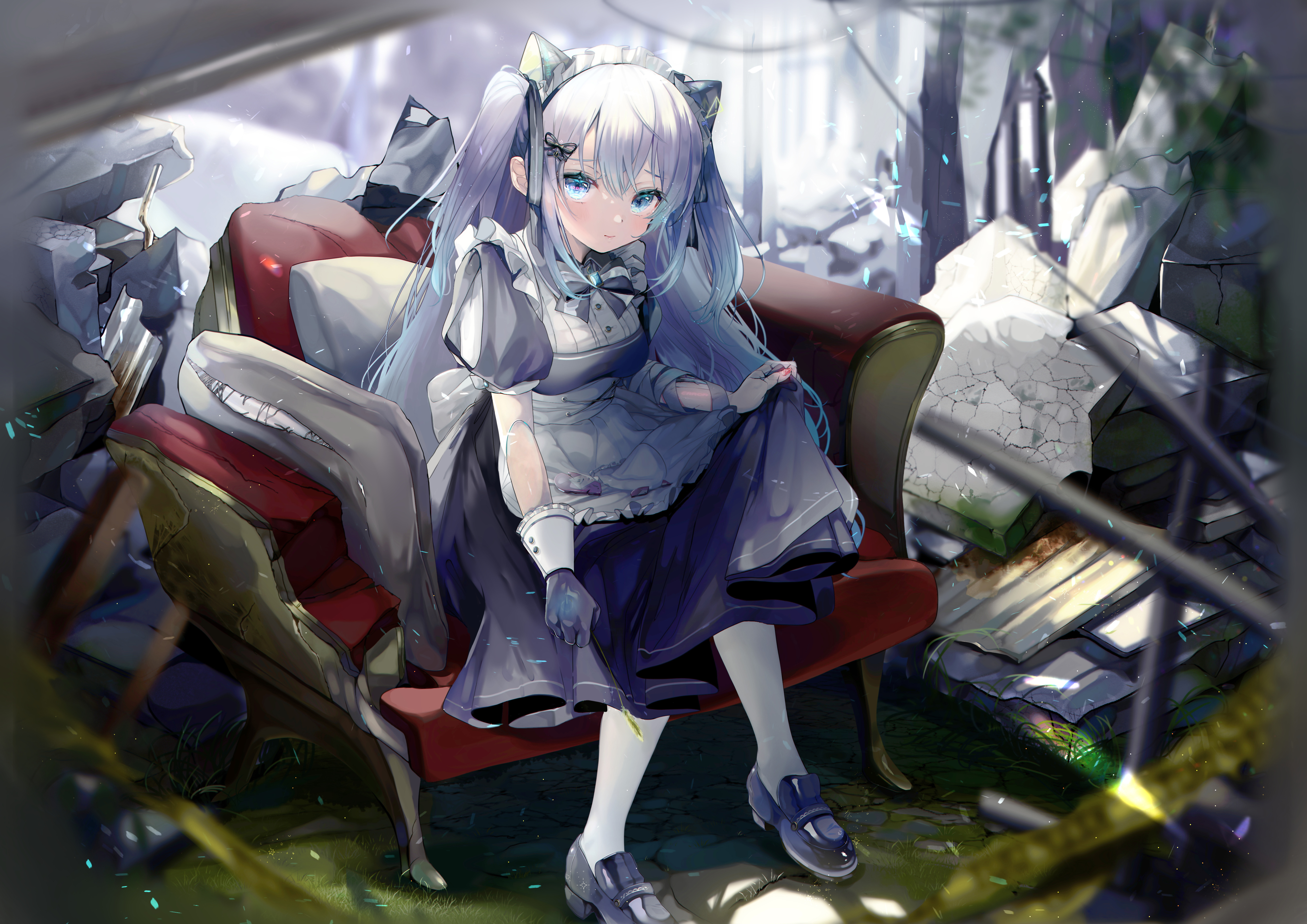Maid with Aqua Eyes and White Hair in Ruins HD Wallpaper