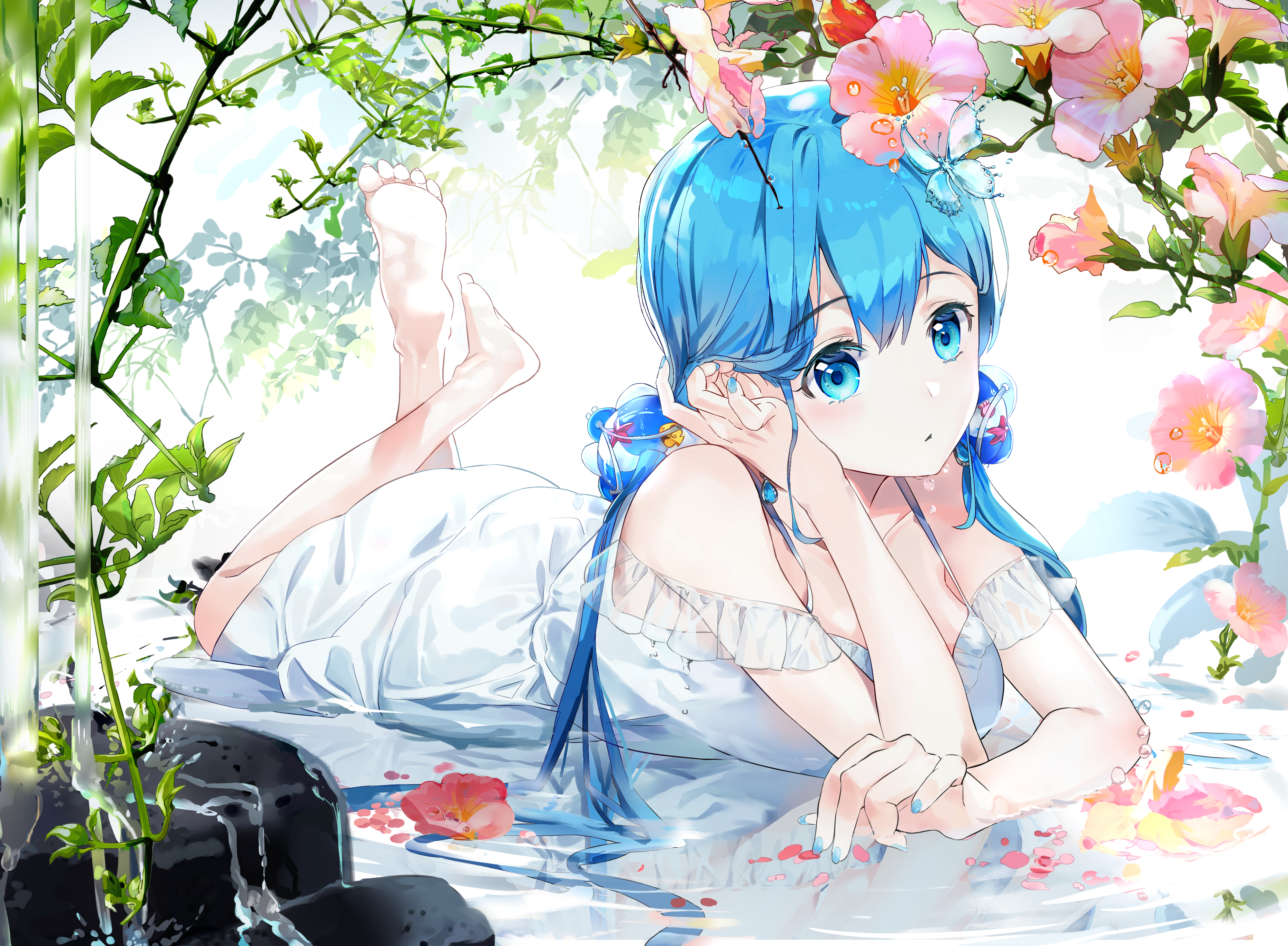 Girl with Aqua Hair and Eyes in White Dress HD Wallpaper