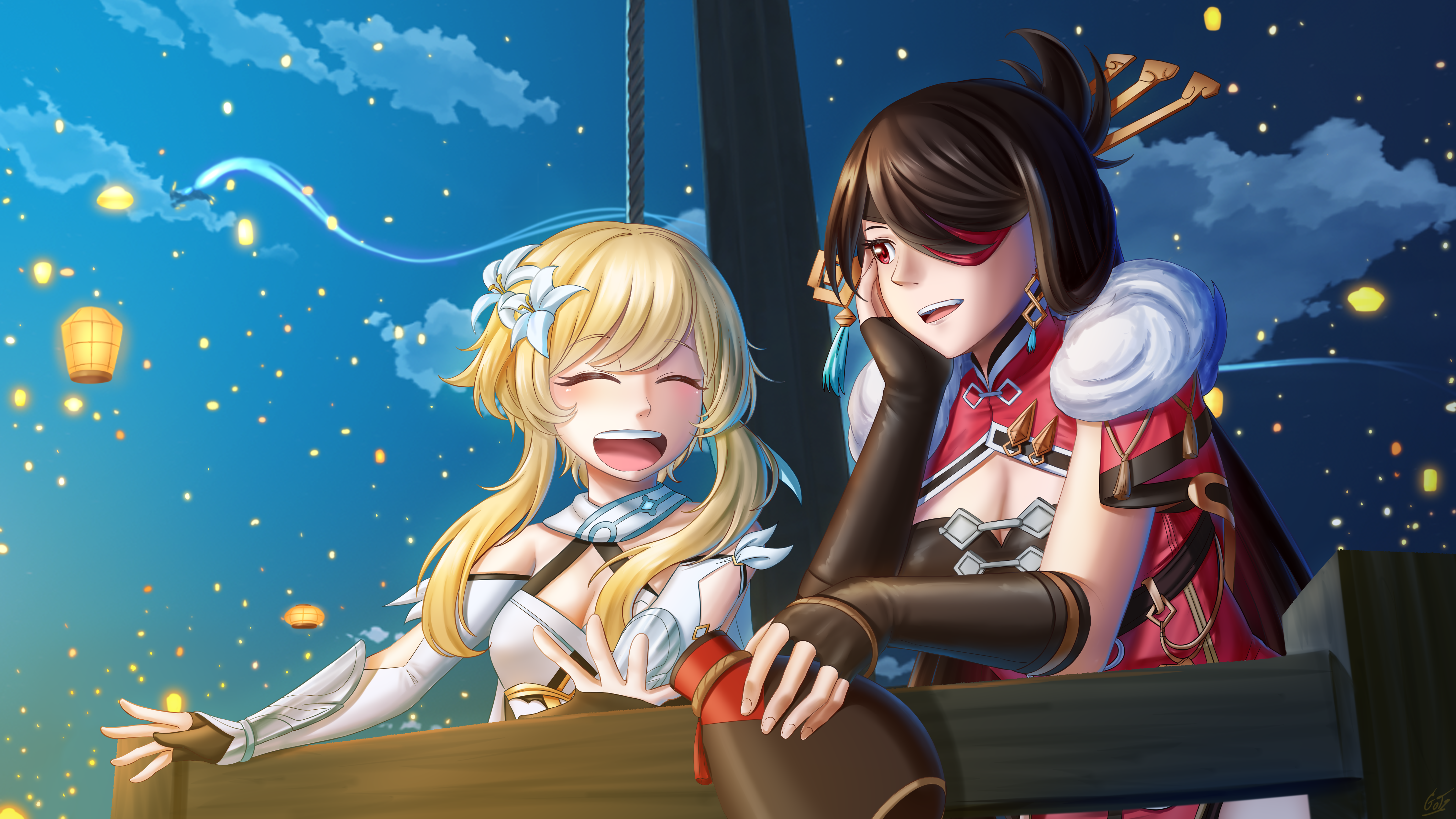 Beidou and Lumine from Genshin Impact with lanterns HD Wallpaper