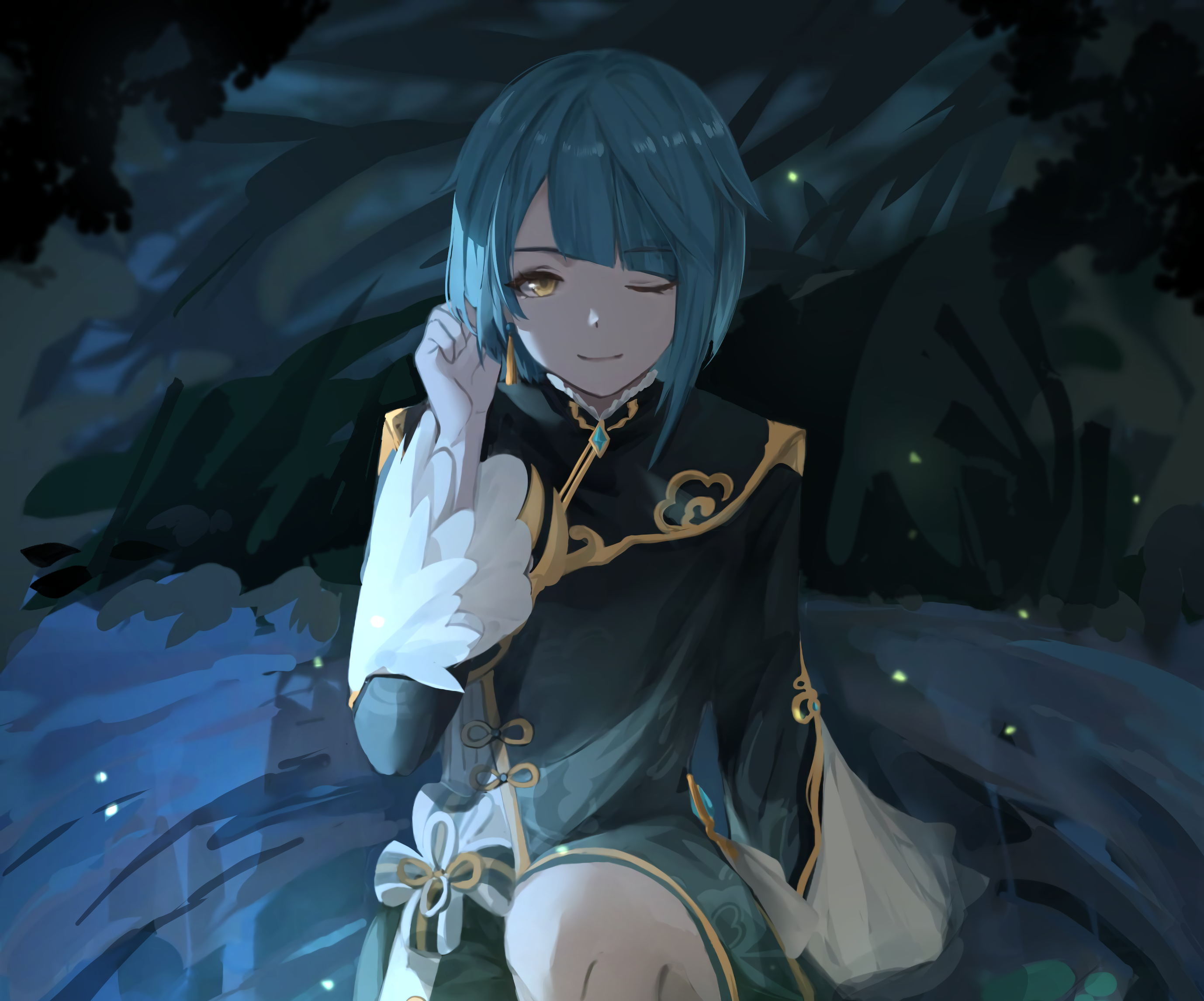 Xingqiu from Genshin Impact in a dark forest HD Wallpaper