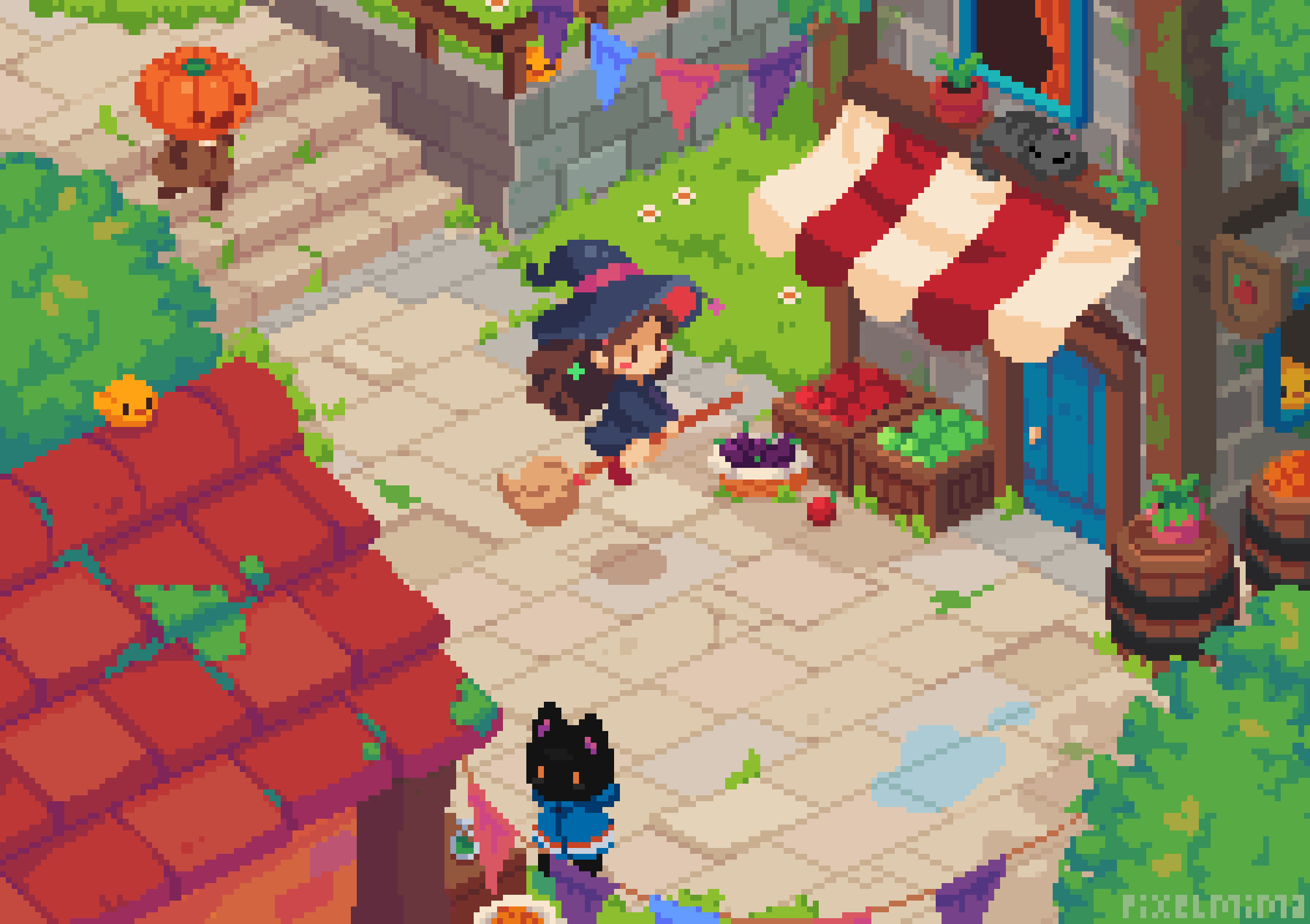 Pixel Art Halloween Town with Witch and Cat HD Wallpaper