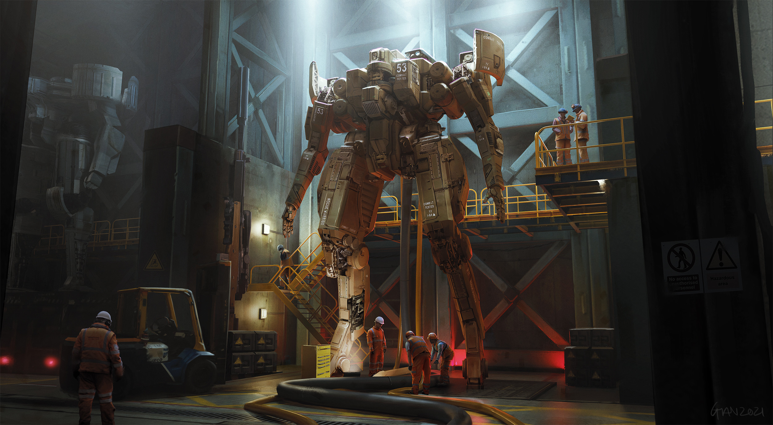 Mech Maintenance in a Hangar HD Wallpaper