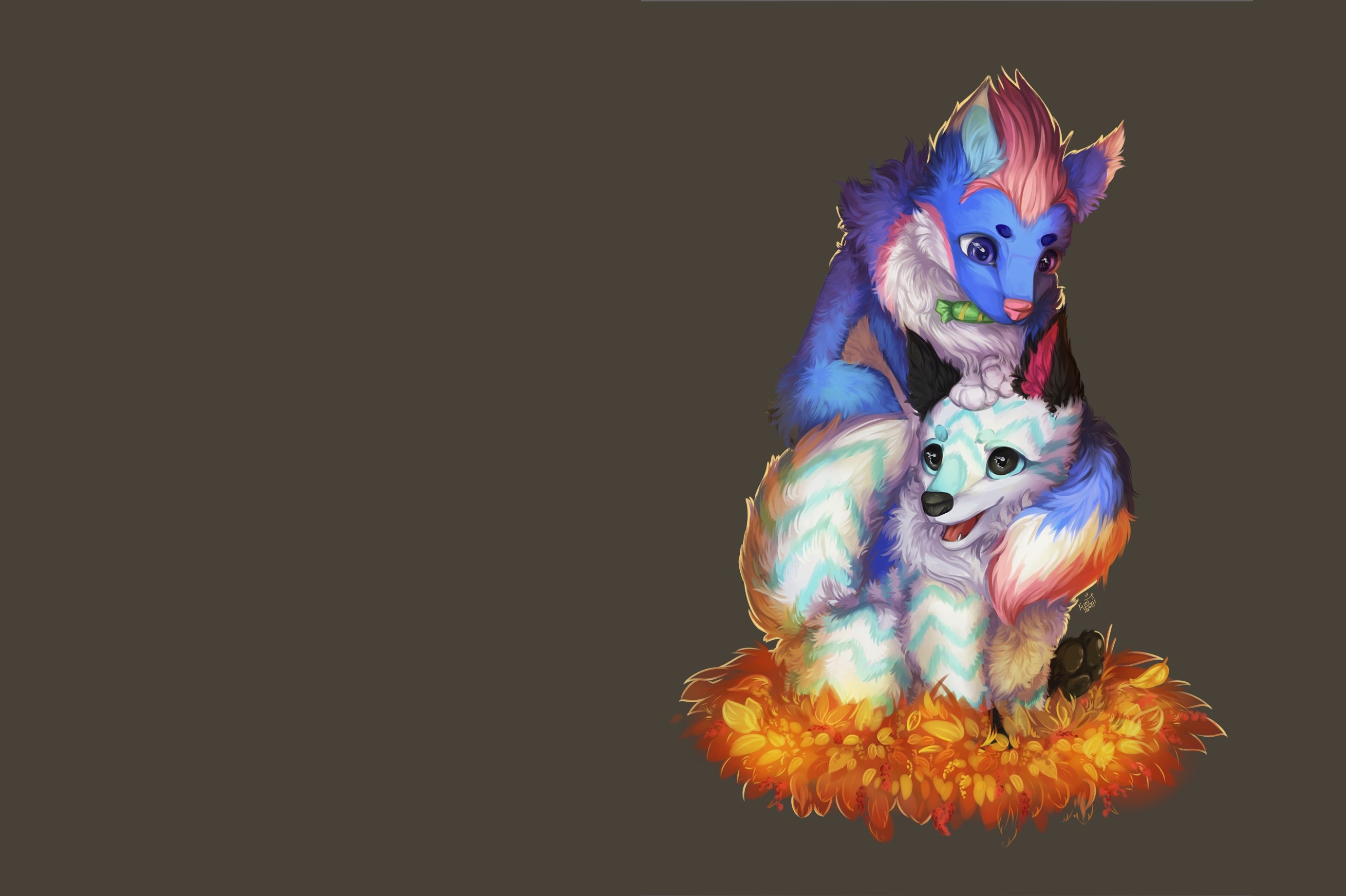 Two colorful foxes sitting on autumn leaves HD Wallpaper