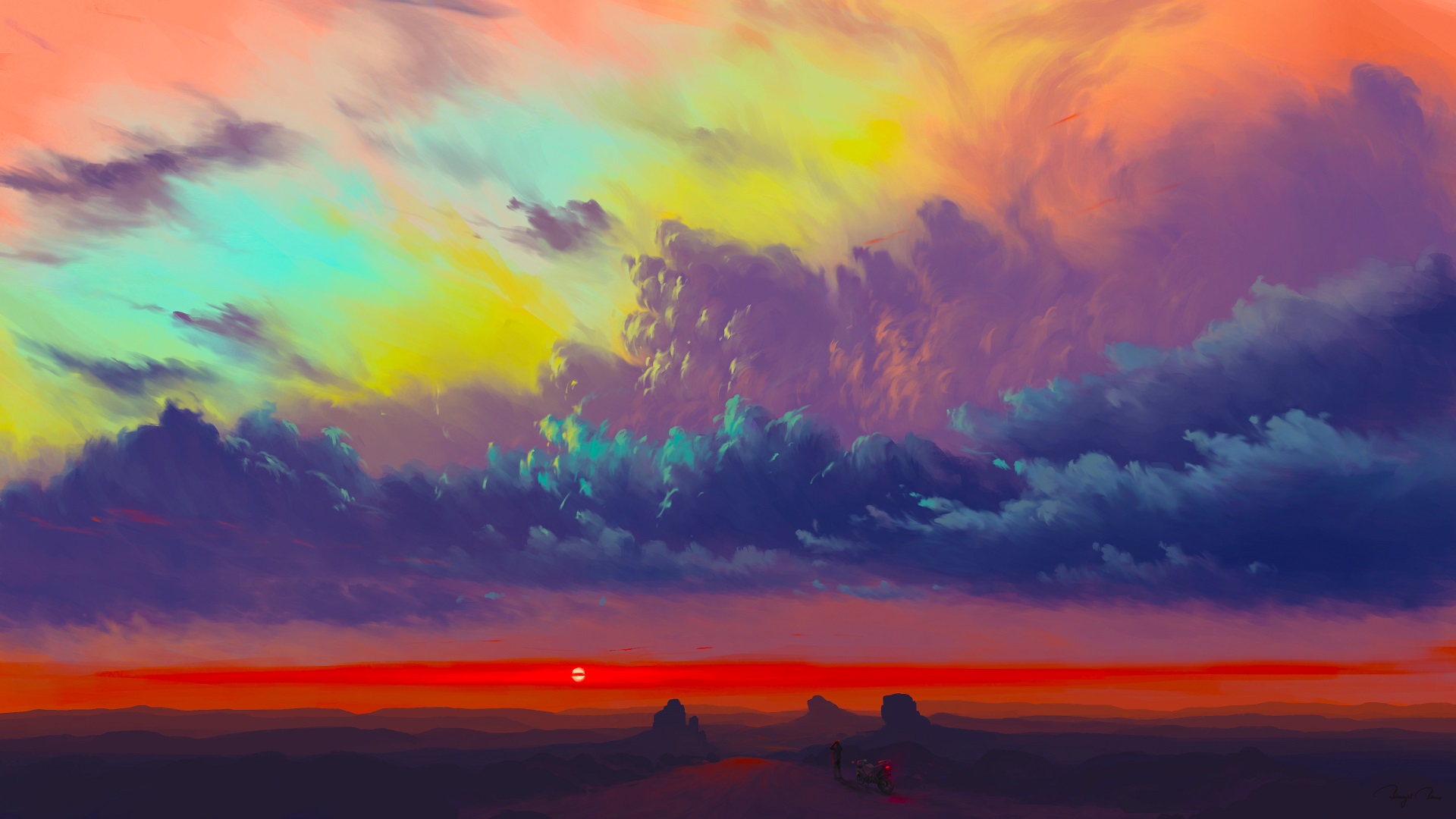 Dramatic Sunset Sky Over Desert Landscape HD Wallpaper