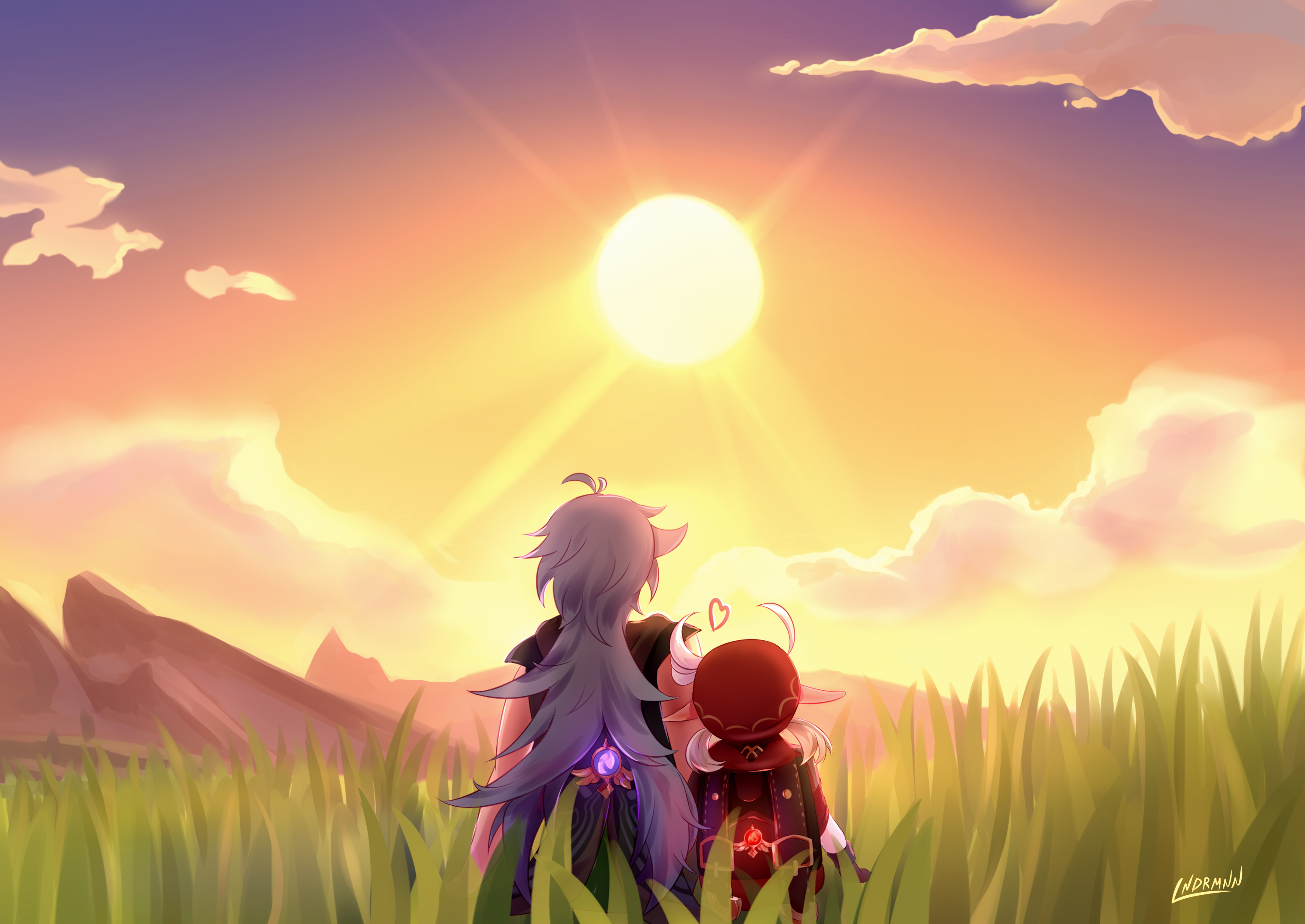 Klee and Razor from Genshin Impact watching the sunset HD Wallpaper