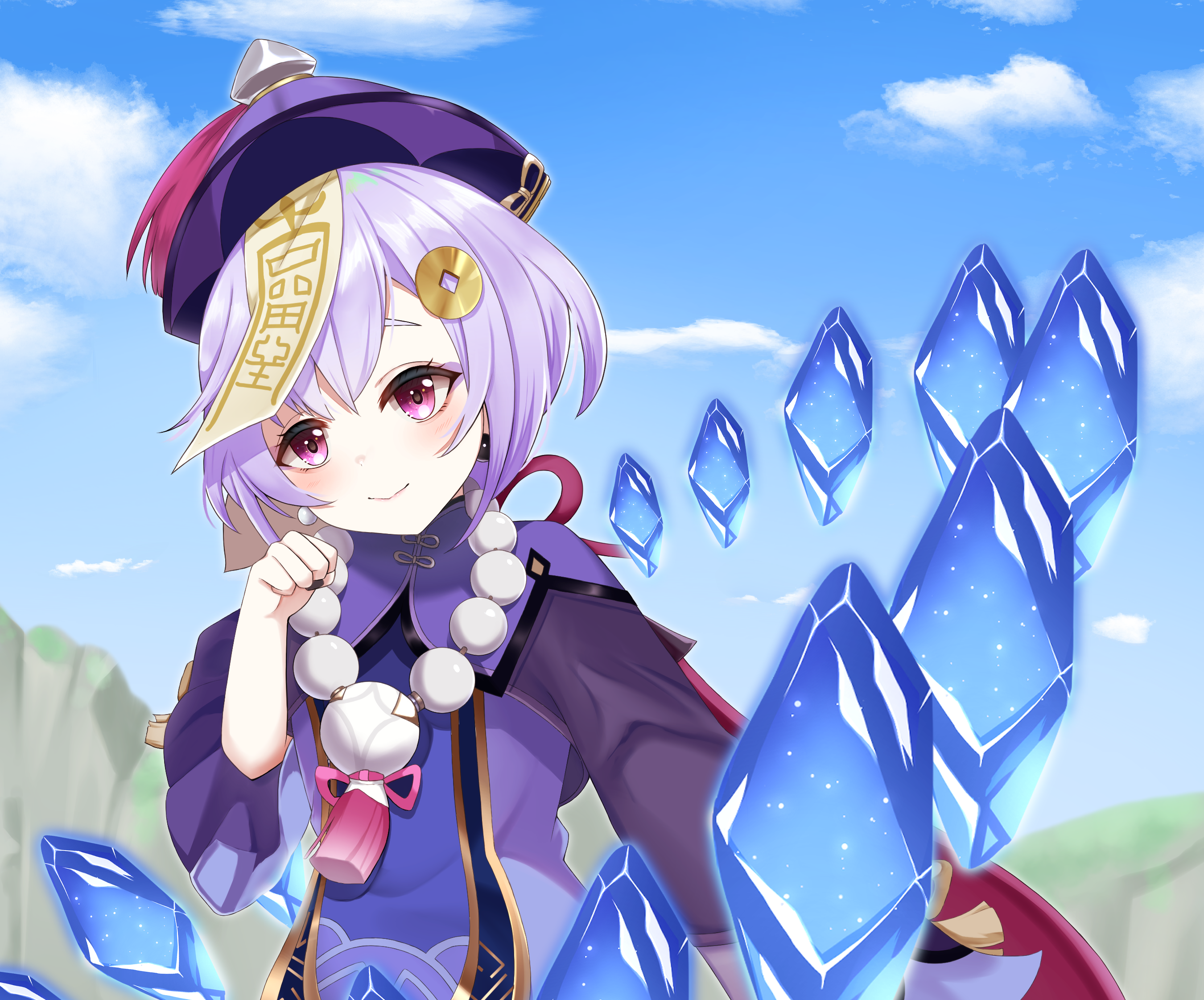 Qiqi from Genshin Impact with Cryo crystals HD Wallpaper