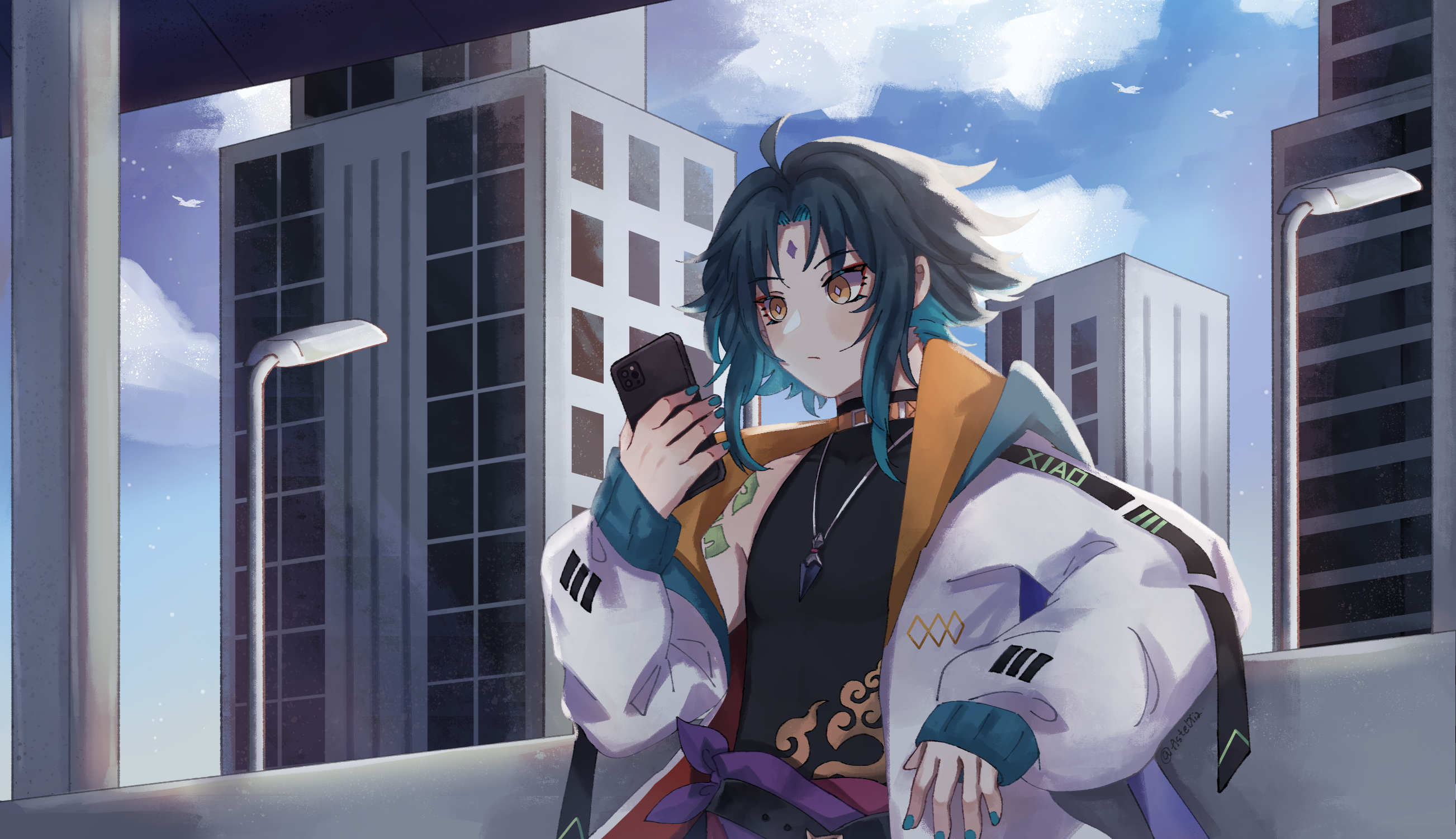 Xiao from Genshin Impact holding a phone HD Wallpaper