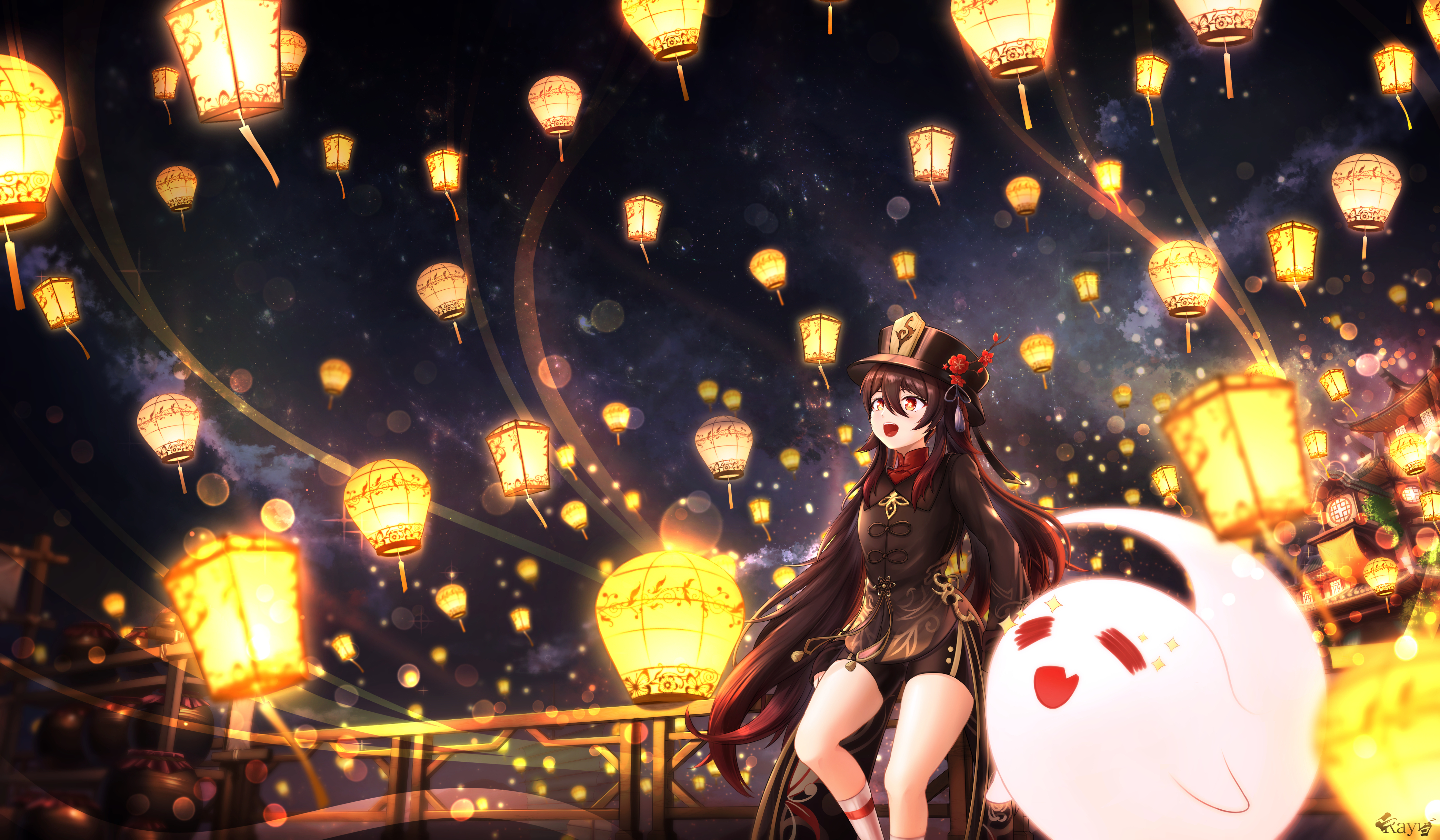 Hu Tao from Genshin Impact with lanterns 4K HD Wallpaper