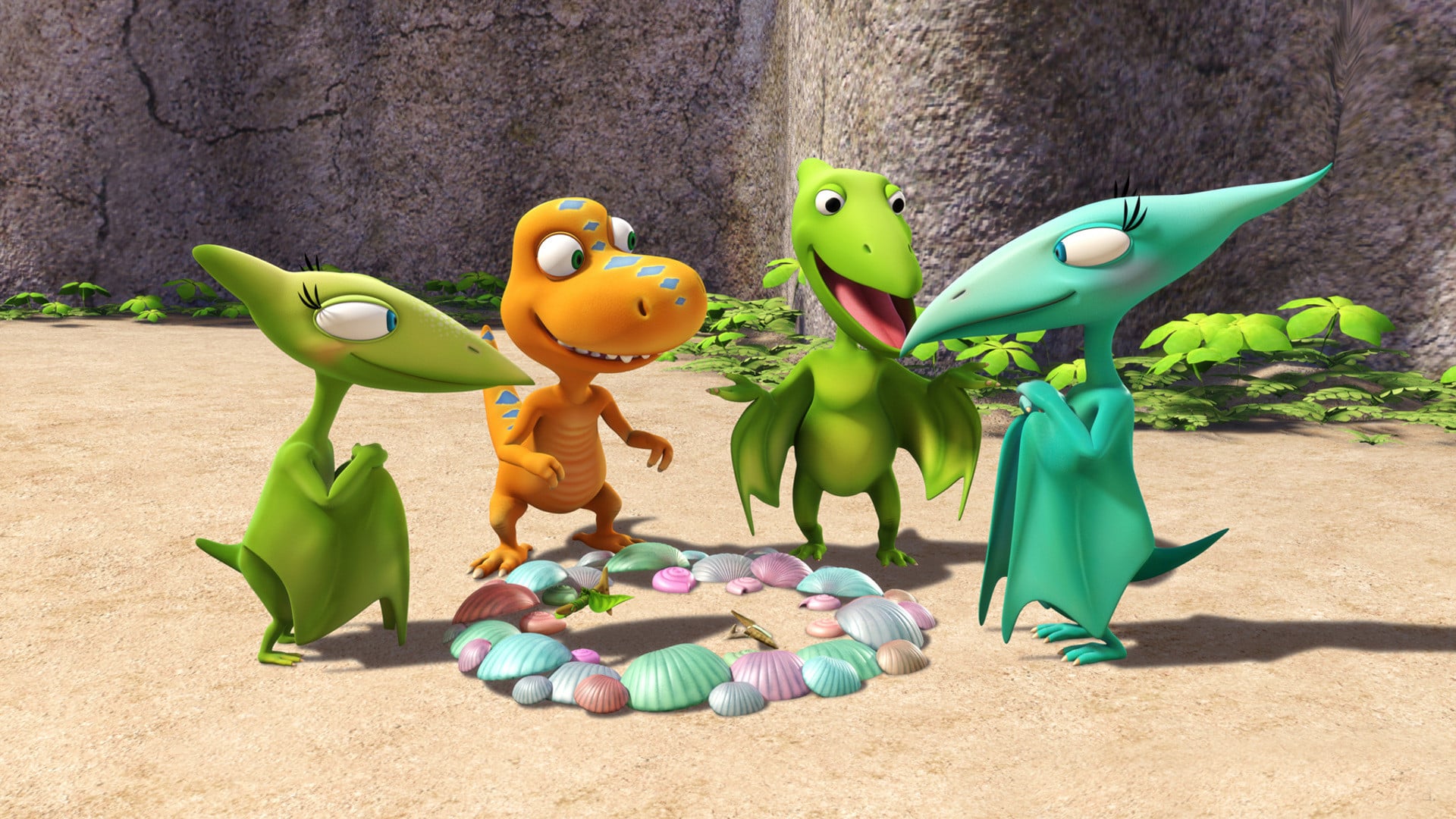 Four dinosaurs around a circle of shells HD Wallpaper