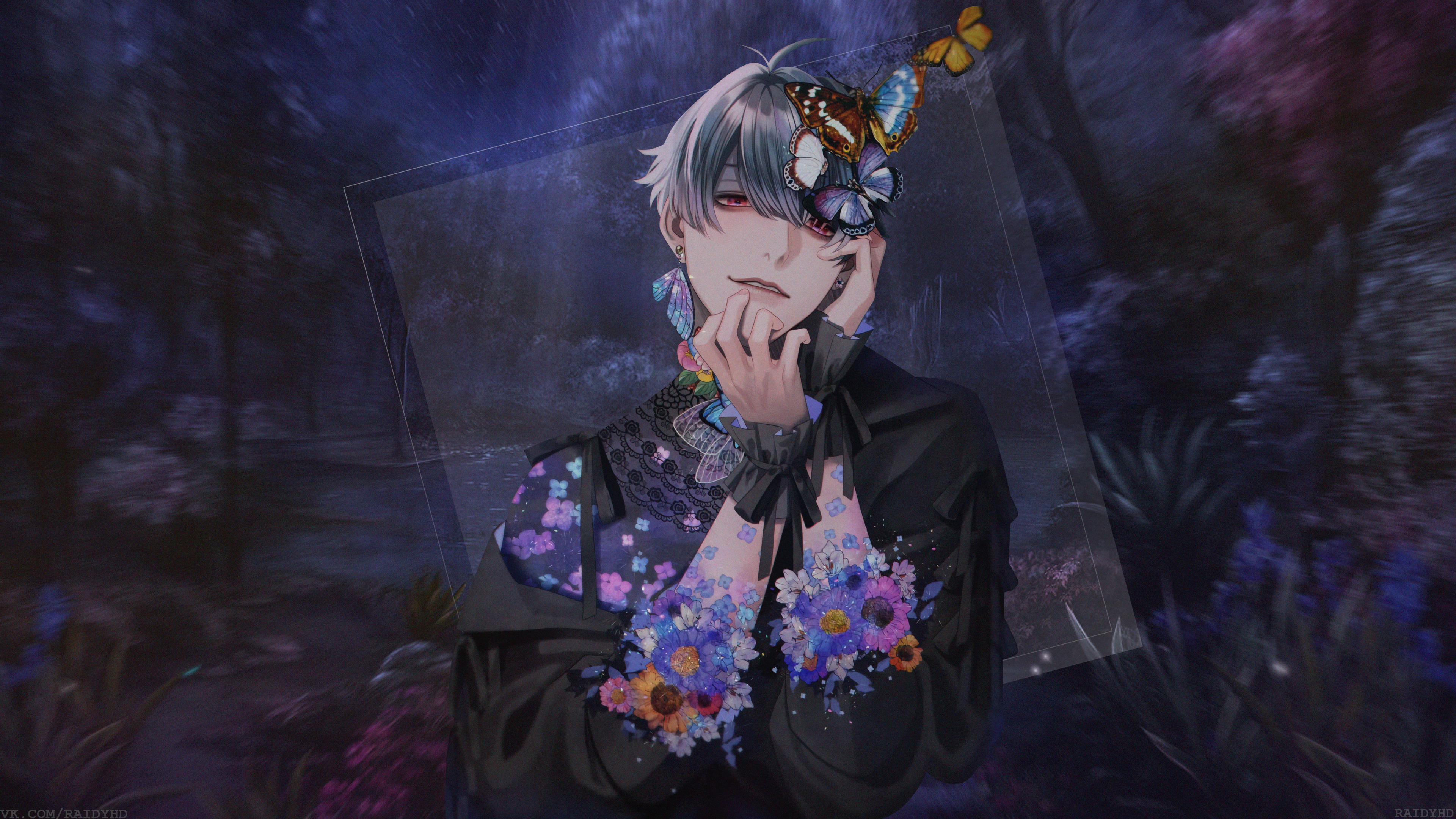 Anime boy with butterflies and flowers 4K HD Wallpaper