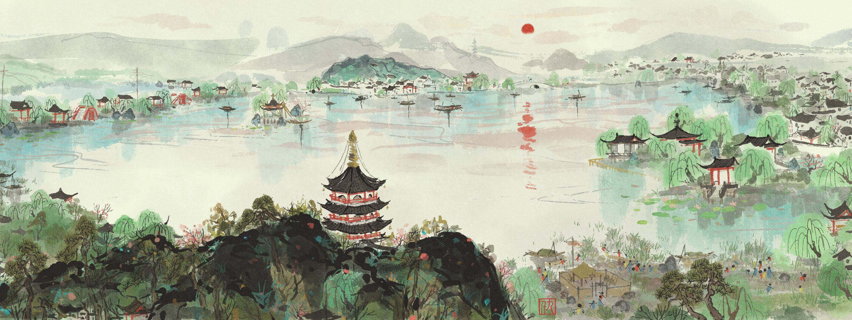 Chinese Landscape Painting with Pagoda and Lake HD Wallpaper