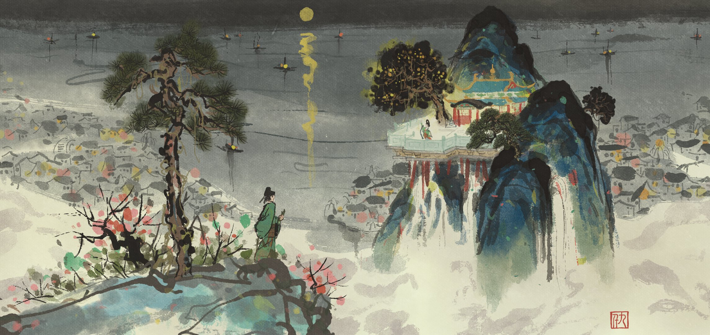 Traditional Chinese painting of a moonlit landscape with a village and pavilion HD Wallpaper