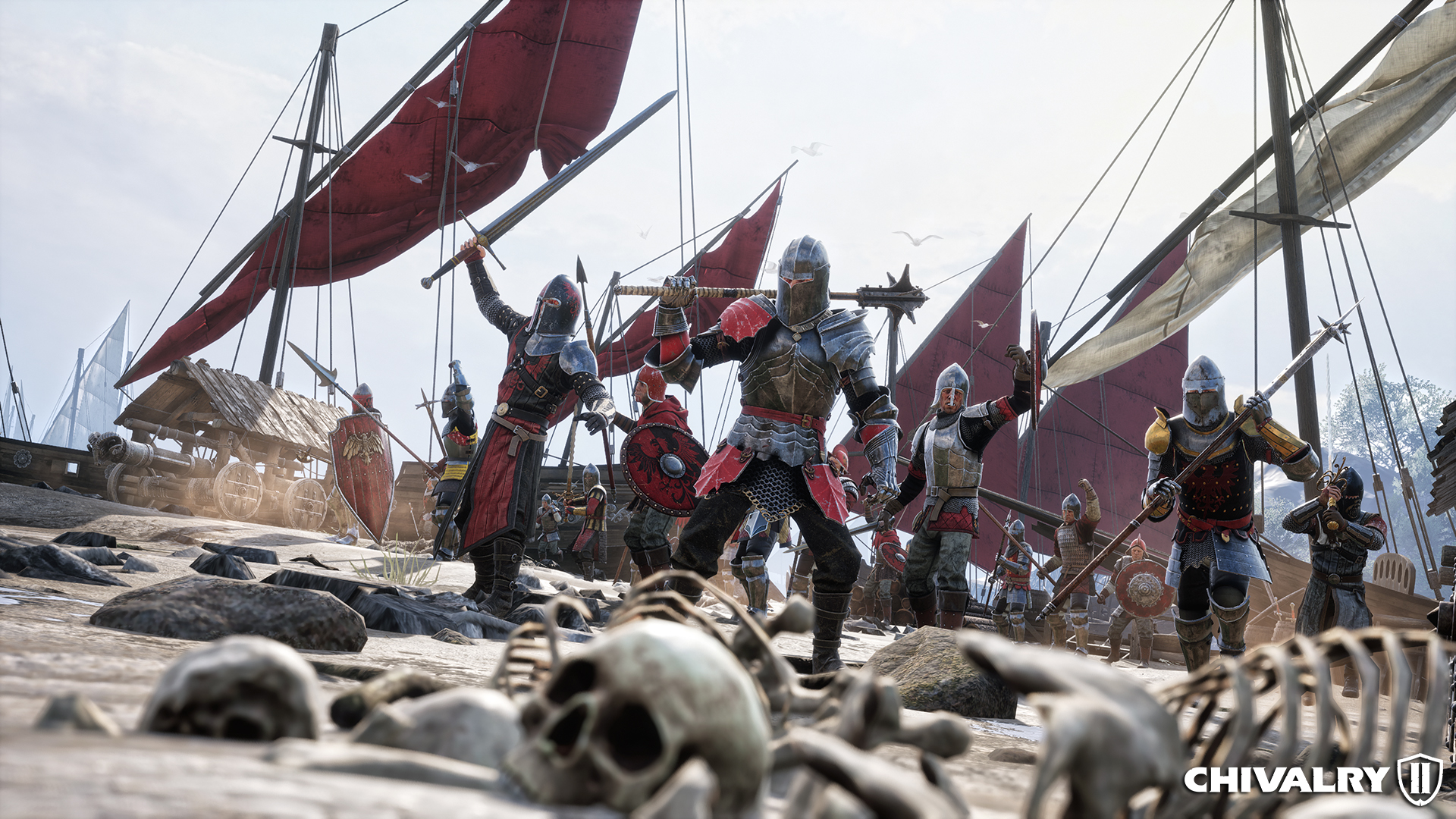 Chivalry 2 knights on a beach with ships and skeletons HD Wallpaper