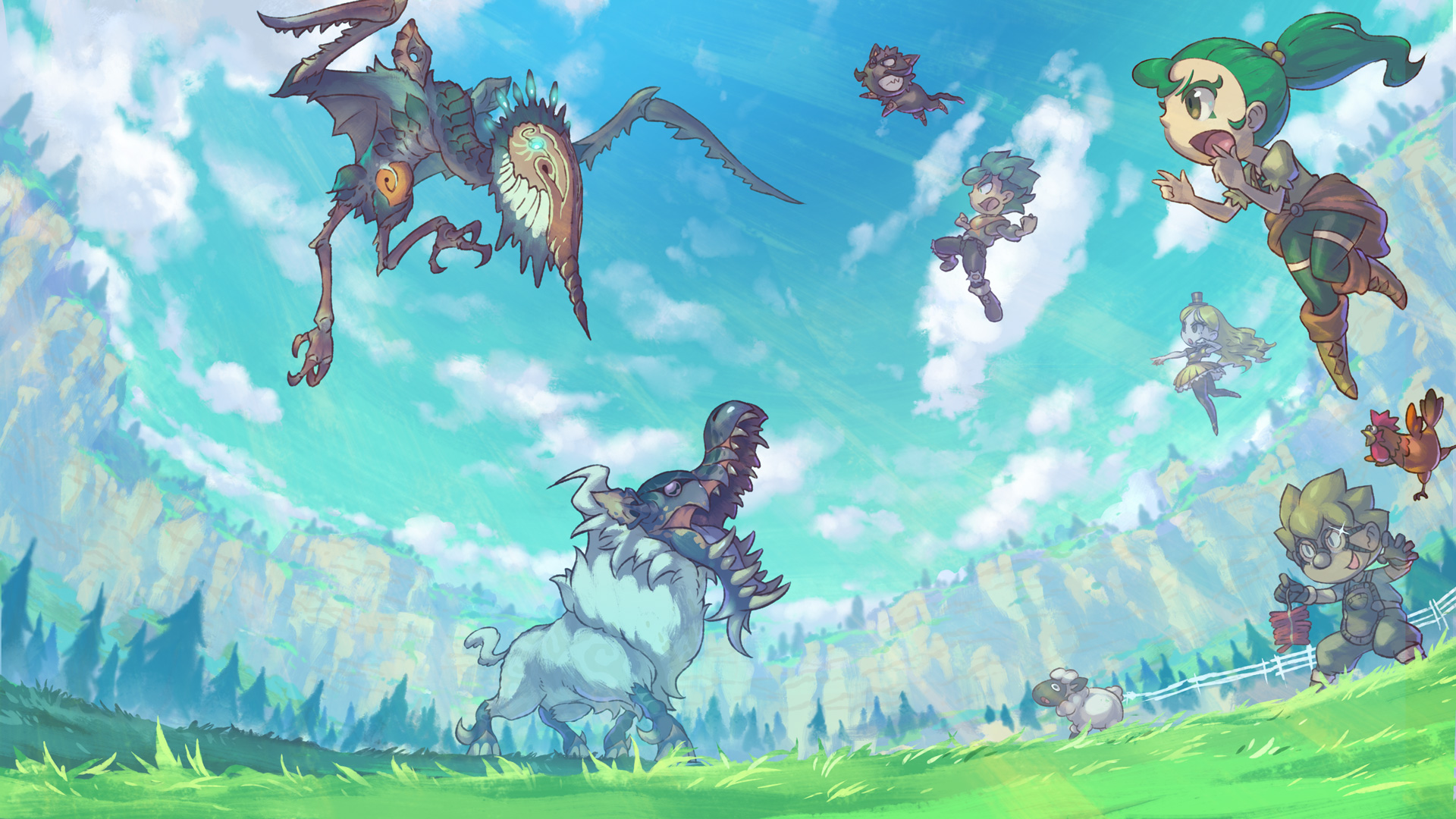 Little Town Hero characters fighting monsters in a field HD Wallpaper